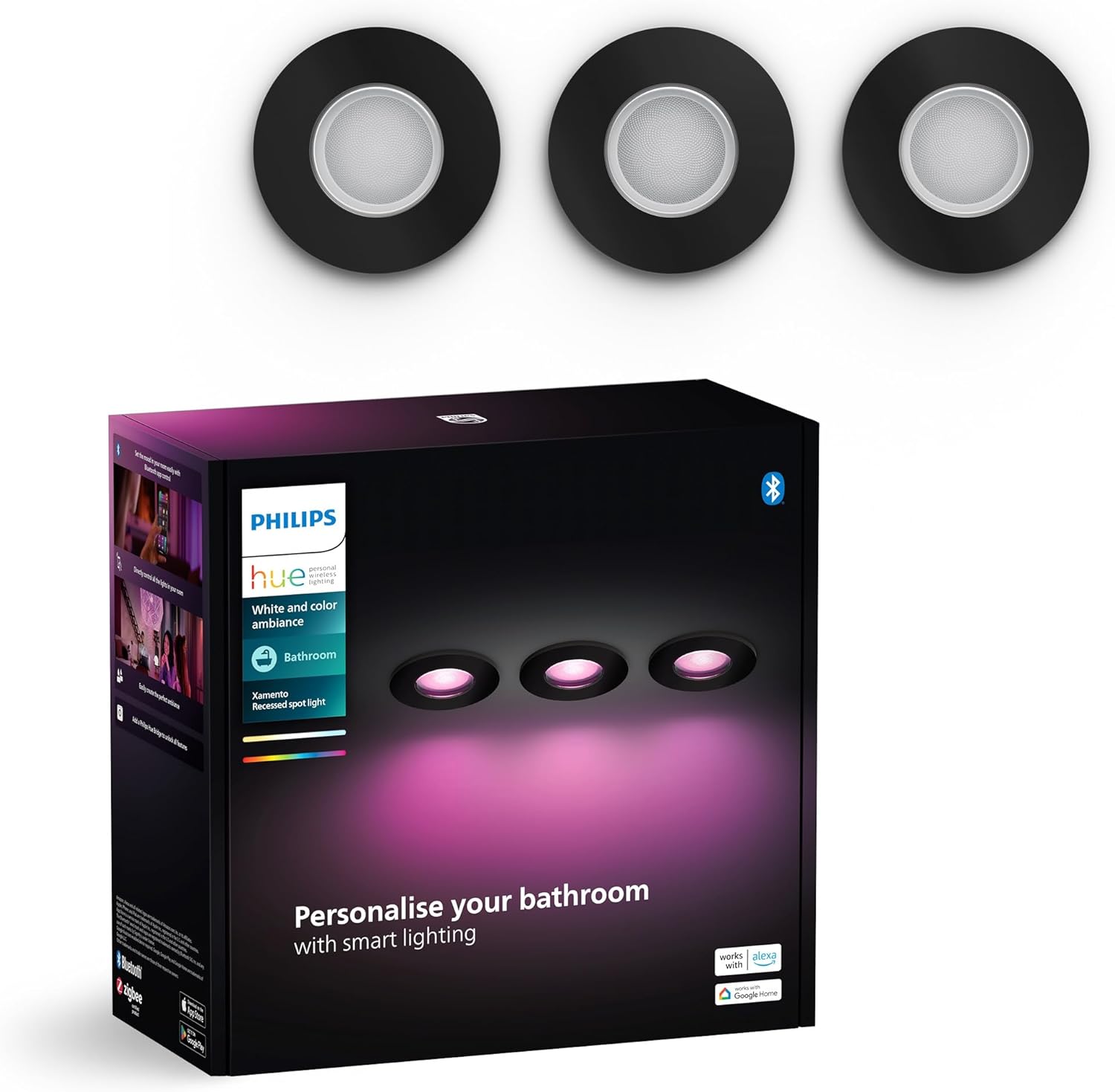 3x Oprawa Podtynkowa Wpuszczana LED Hermetyczna IP44 Łazienkowa 4.2W 400lm IP44 White and Color Ambiance RGB + TW Czarna Inteligentna SMART Zigbee Bluetooth Xamento Philips HUE - główne zdjęcie produktu