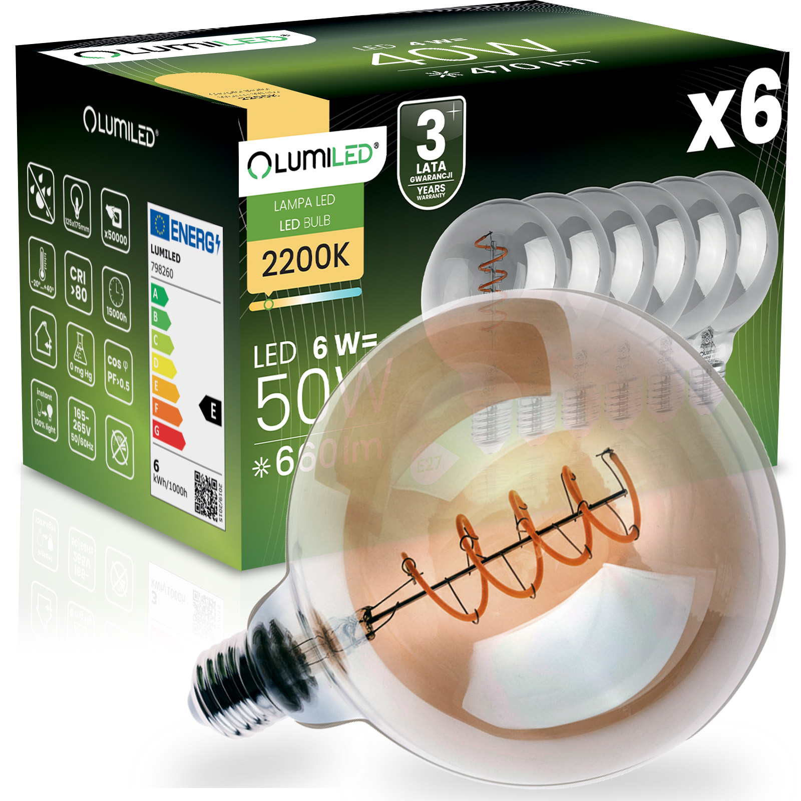 6x Żarówka LED E27 Kula G125 6W = 50W 660LM 2200K Ciepła 360° Dymiona Filament LUMILED - główne zdjęcie produktu