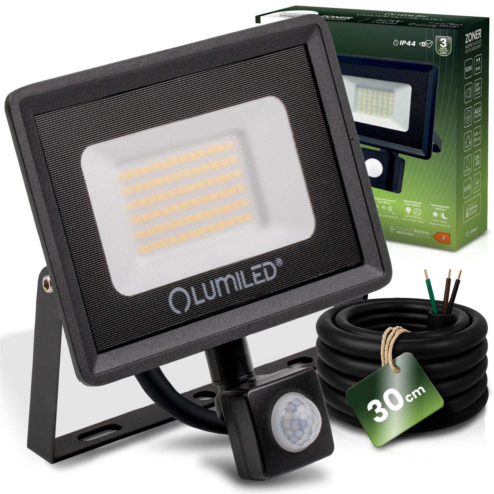 Naświetlacz LED ZONER 50W 5000LM 4000K IP44 Czarny Czujnik Ruchu LUMILED - główne zdjęcie produktu