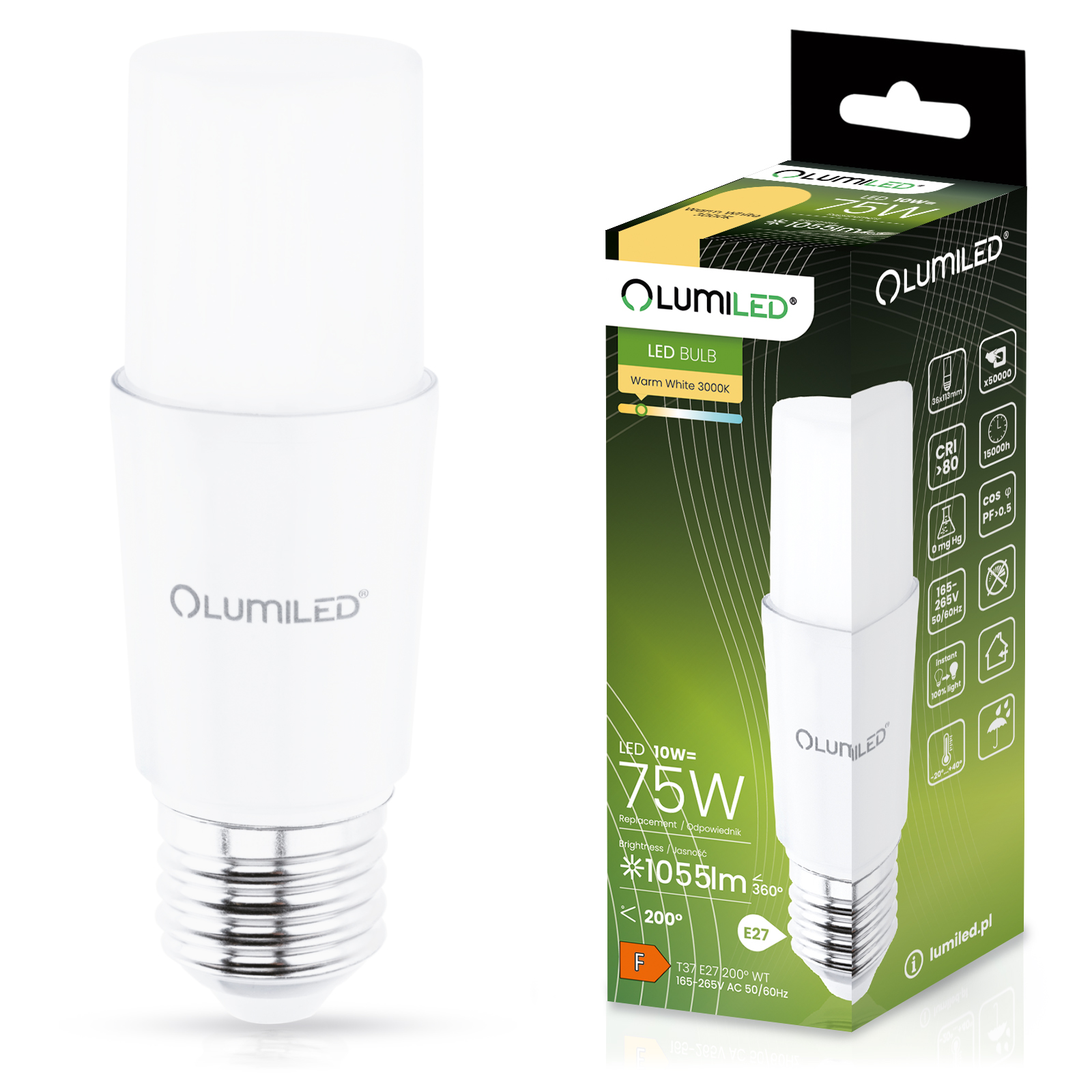 Żarówka LED E27 Tubularna T37 10W = 75W 1055lm 3000K Ciepła 200° LUMILED - główne zdjęcie produktu