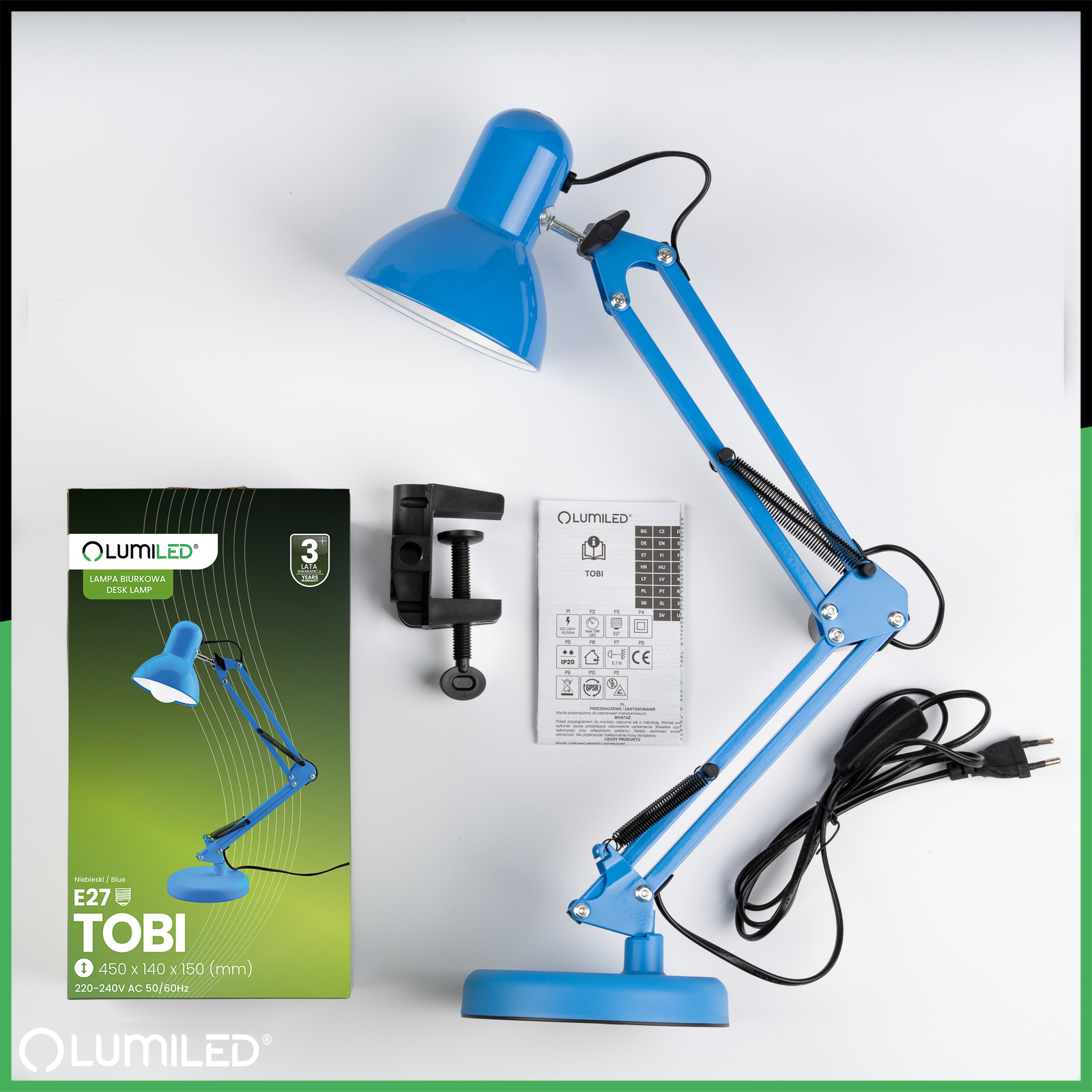 Lampka Biurkowa Kreślarska Stołowa E27 TOBI Niebieska Lumiled + uchwyt na blat - skład produktu
