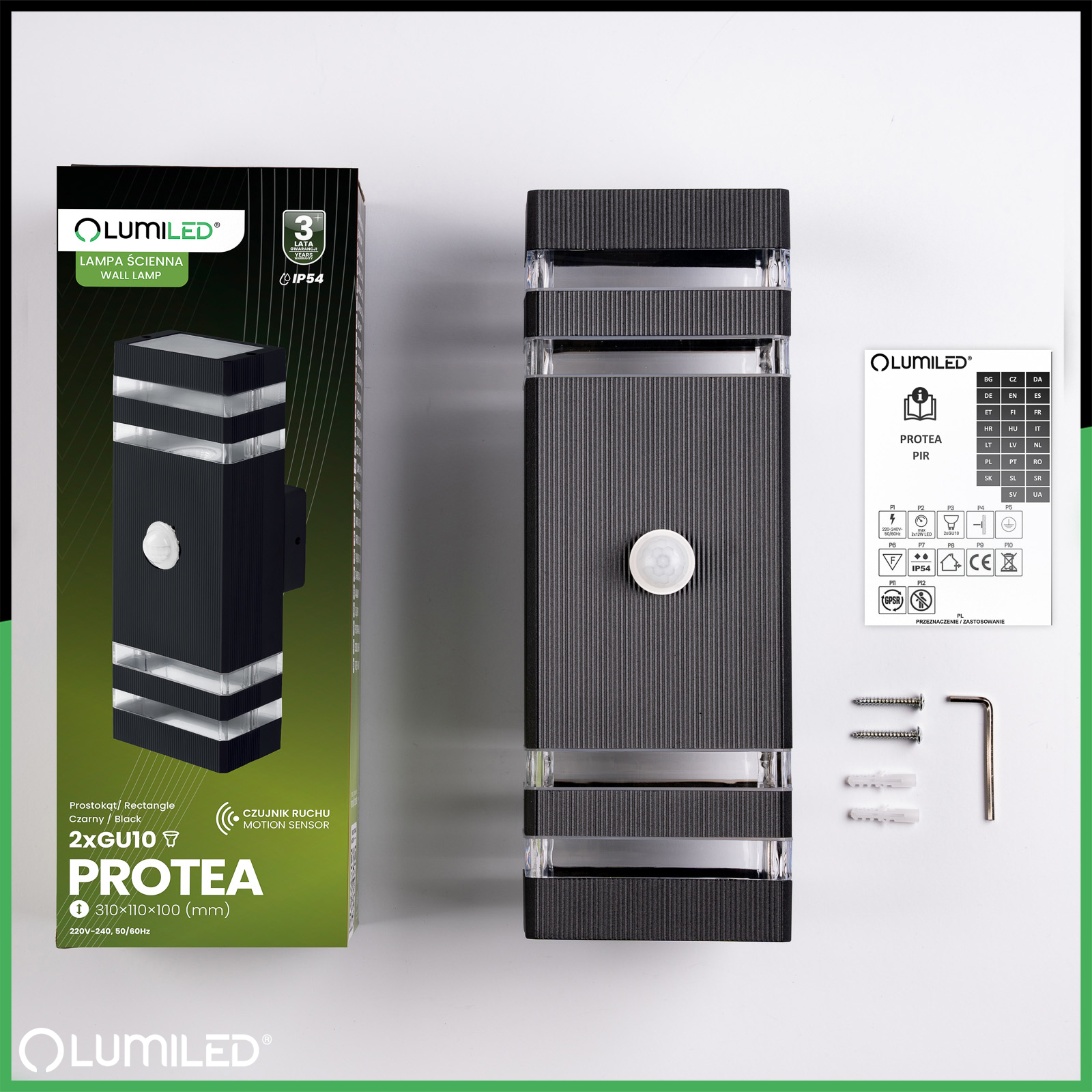 Lampa Ogrodowa Kinkiet Elewacyjny góra dół 2xGU10 Czarny Czujnik Ruchu i Zmierzchu IP54 PROTEA LUMILED - skład produktu
