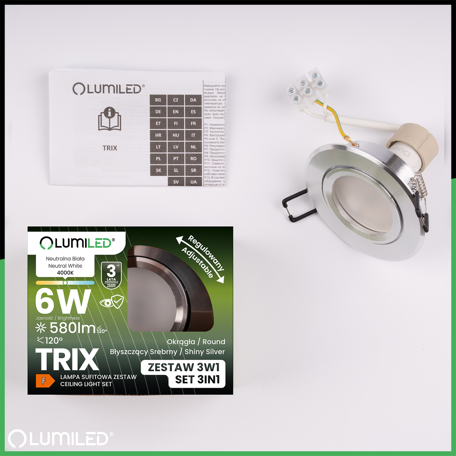 Oprawa Halogenowa Podtynkowa Okrągła Ruchoma TRIX 3w1 GU10 6W 4000K Srebrna Błyszcząca LUMILED - skład produktu