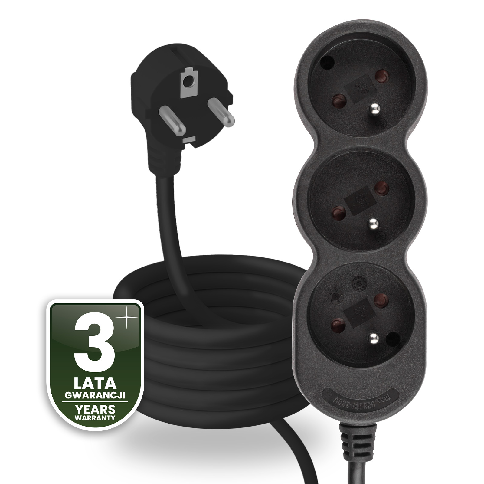 Przedłużacz Sieciowy Kabel z Uziemieniem Listwa Zasilająca 3 Gniazda 3m Czarny Sznur Lendo Lumiled - czwarta cecha produktu