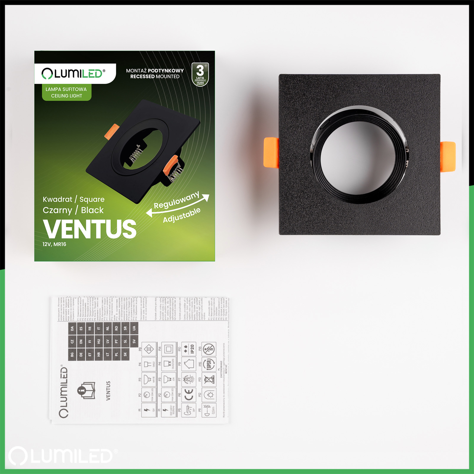 Oprawa Halogenowa Podtynkowa Ruchoma Kwadratowa Czarna GU10 MR16 VENTUS Lumiled - skład produktu