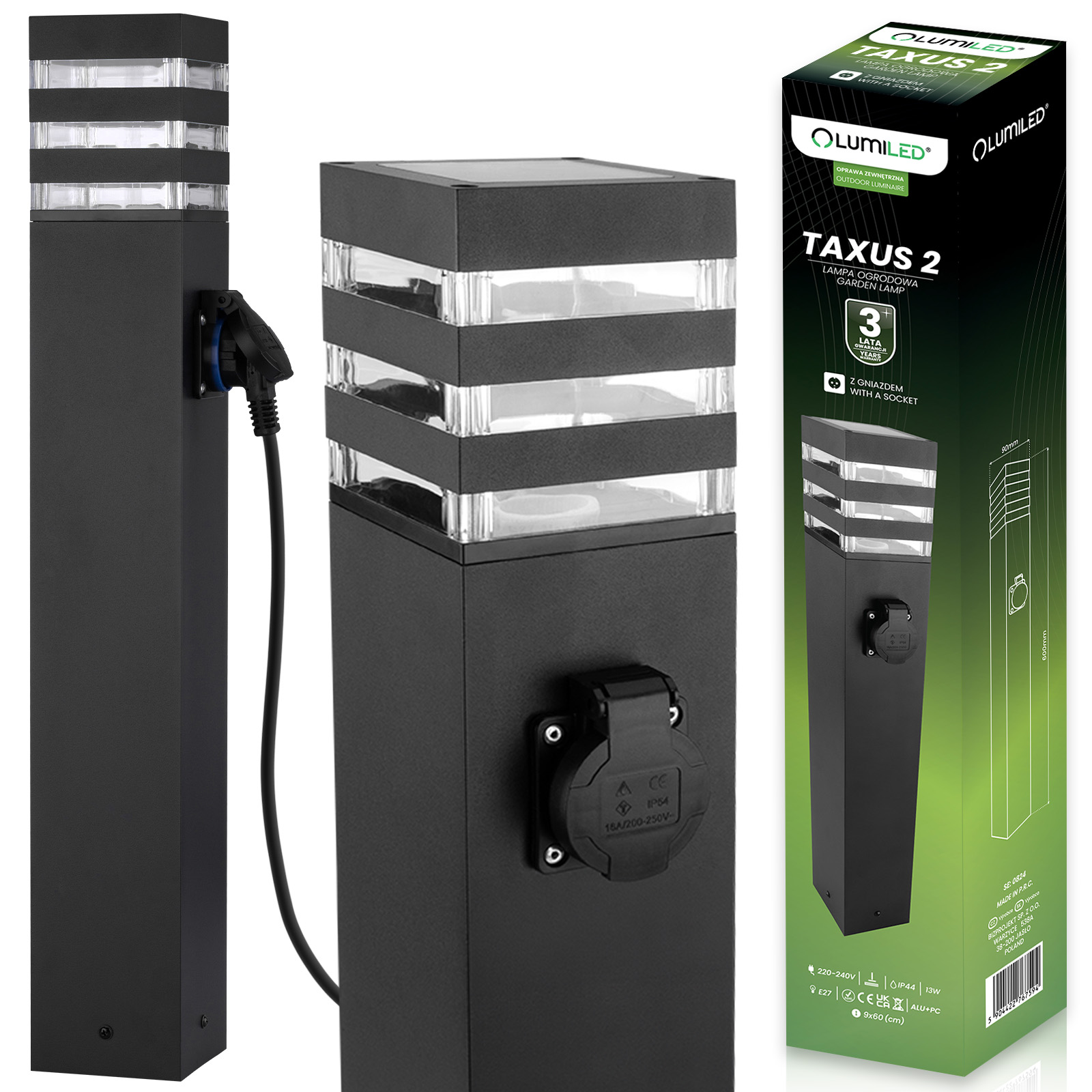 Lampa Ogrodowa Słupek Zewnętrzny Stojący E27 LED z Gniazdem TAXUS 2 60cm LUMILED - główne zdjęcie produktu