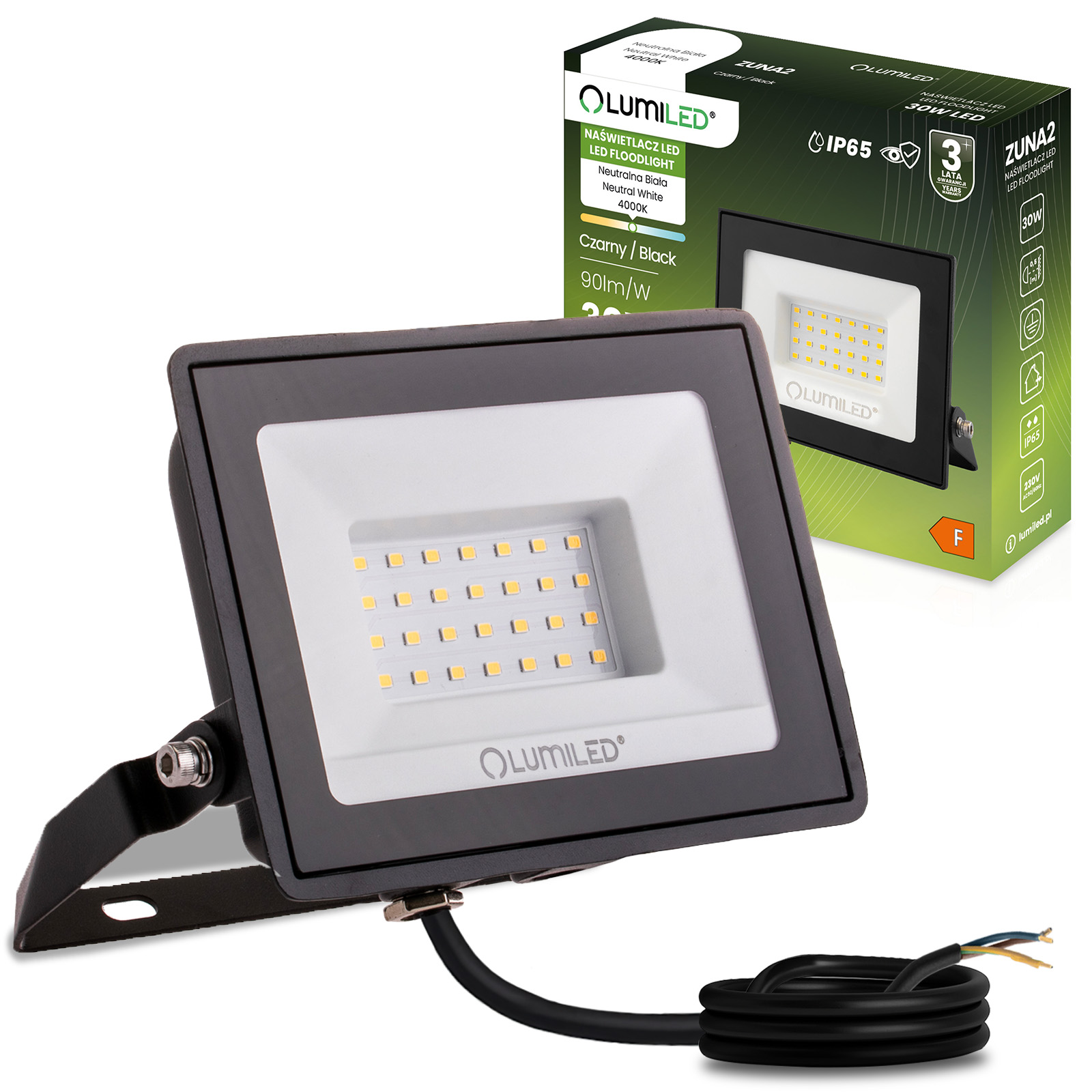 Naświetlacz LED ZUNA2 30W 2700lm 4000K IP65 Czarny LUMILED - główne zdjęcie produktu