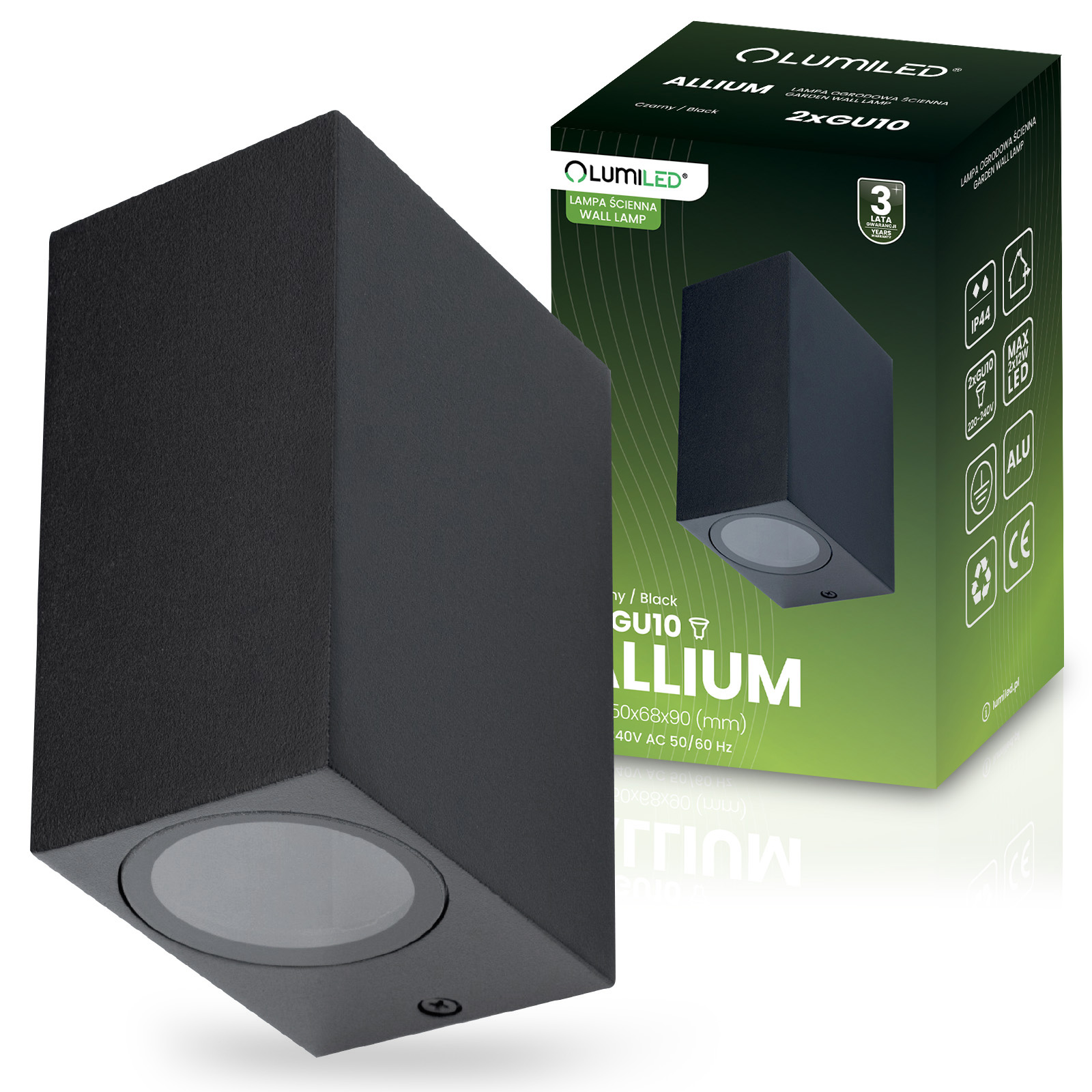 Kinkiet Ogrodowy Elewacyjny Lampa Zewnętrzna 2xGU10 ALLIUM Czarna Kwadrat LUMILED - główne zdjęcie produktu