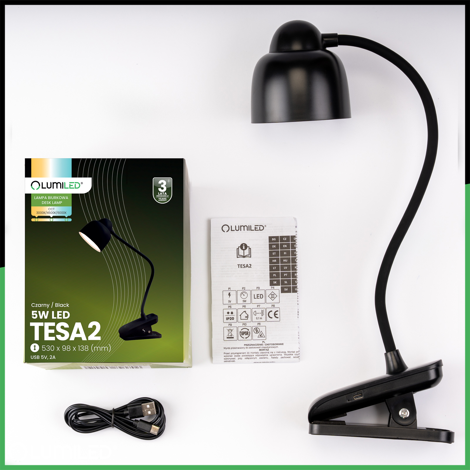 Lampka Biurkowa LED 5W CCT Kreślarska Stołowa Szkolna TESA 2 Czarna LUMILED - skład produktu