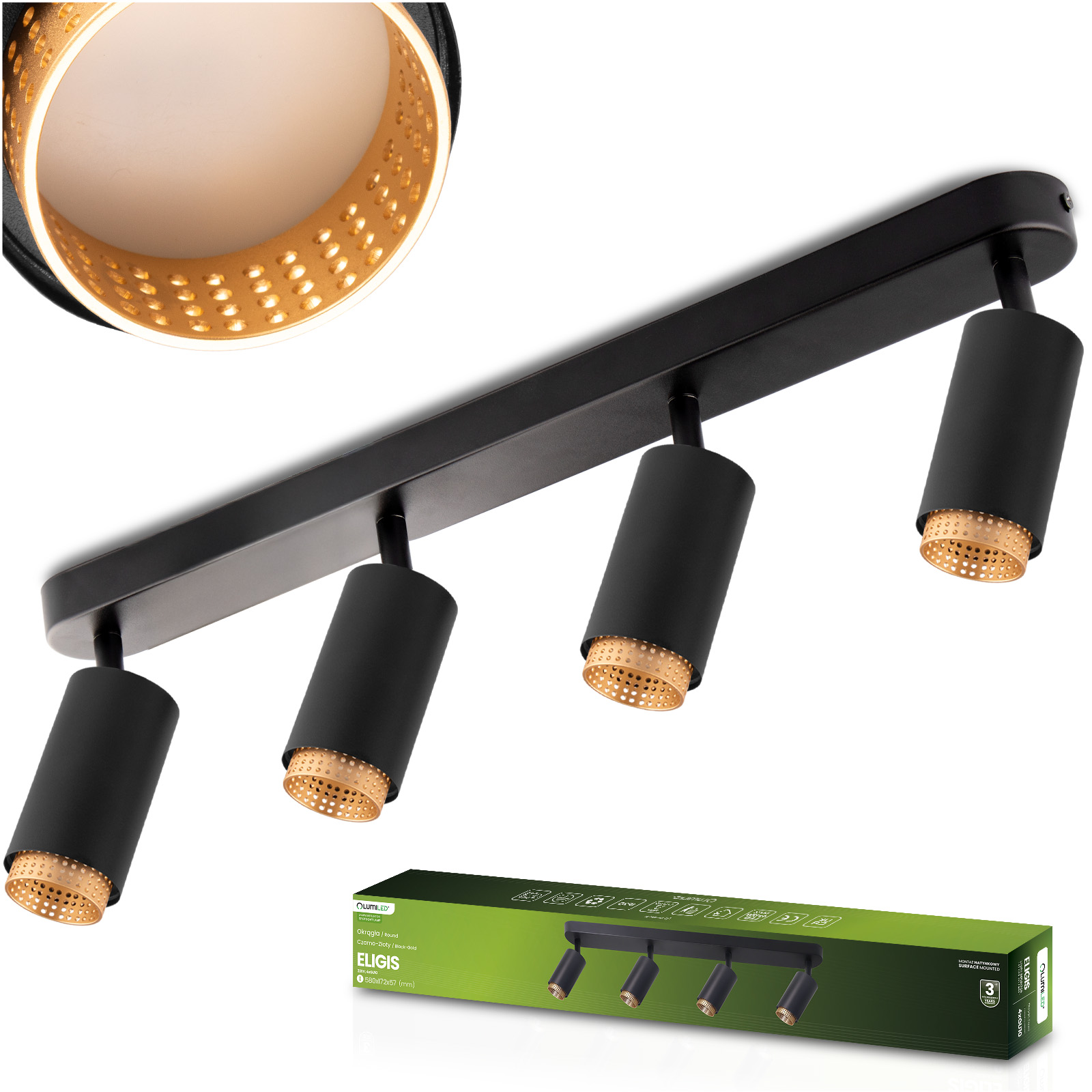 Lampa Sufitowa Reflektor LED 4x GU10 Tuba Spot ELIGIS Czarny LUMILED - główne zdjęcie produktu