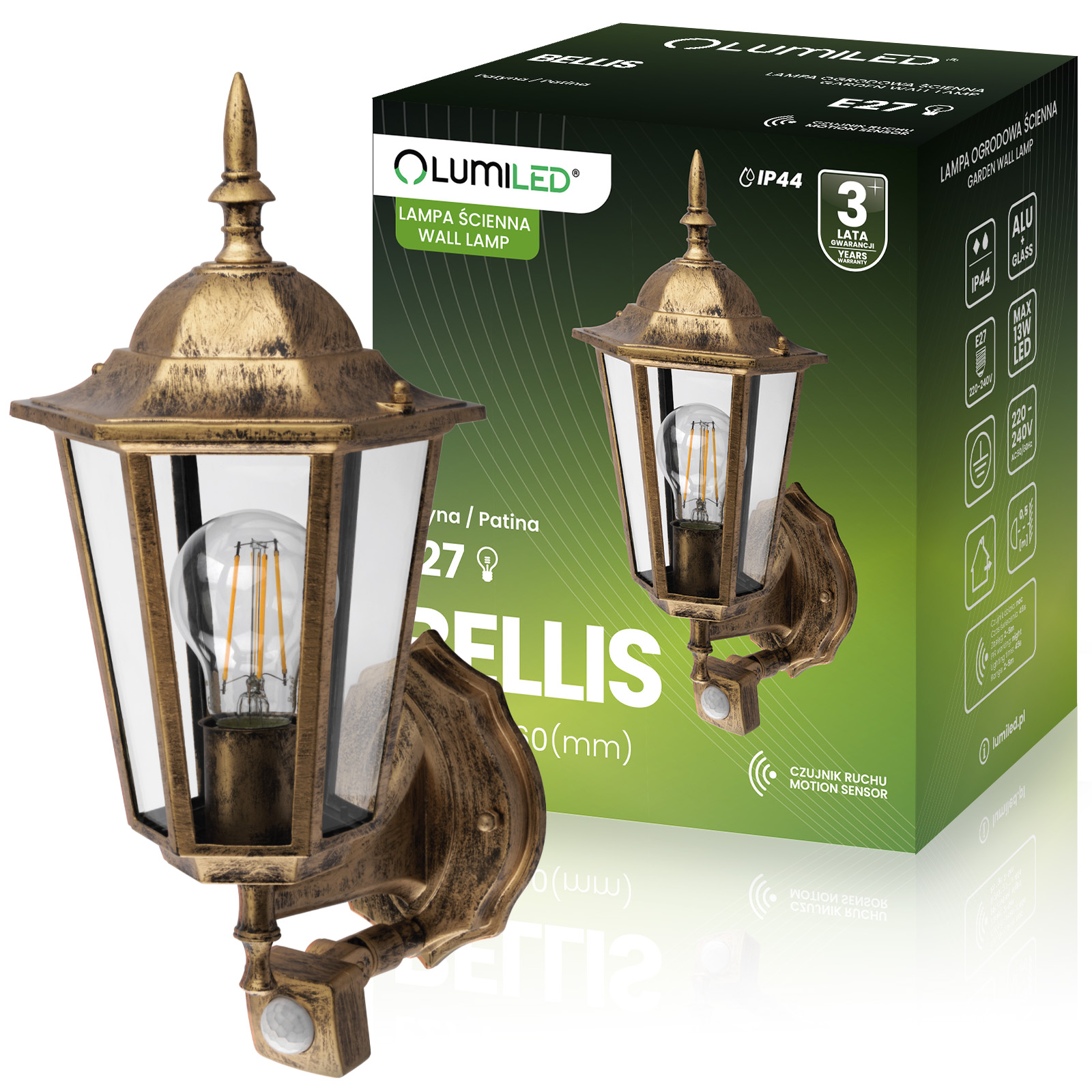 Lampa Ogrodowa Kinkiet Elewacyjny Zewnętrzny E27 LED Latarnia Czujnik Ruchu BELLIS LUMILED - główne zdjęcie produktu