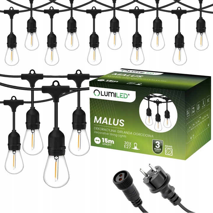 Girlanda Ogrodowa Zewnętrzna Łańcuch Świetlny 15m 30x E27 Żarówki 1W 2700K MALUS Lumiled - główne zdjęcie produktu