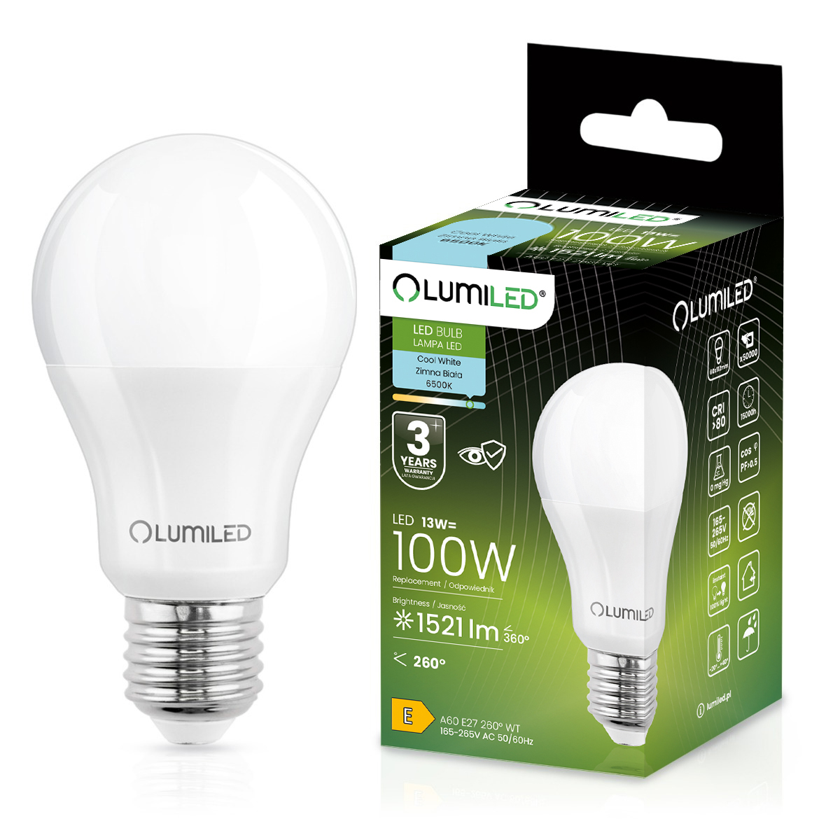 Żarówka LED E27 A60 13W = 100W 1521lm 6500K Zimna 260° LUMILED - główne zdjęcie produktu