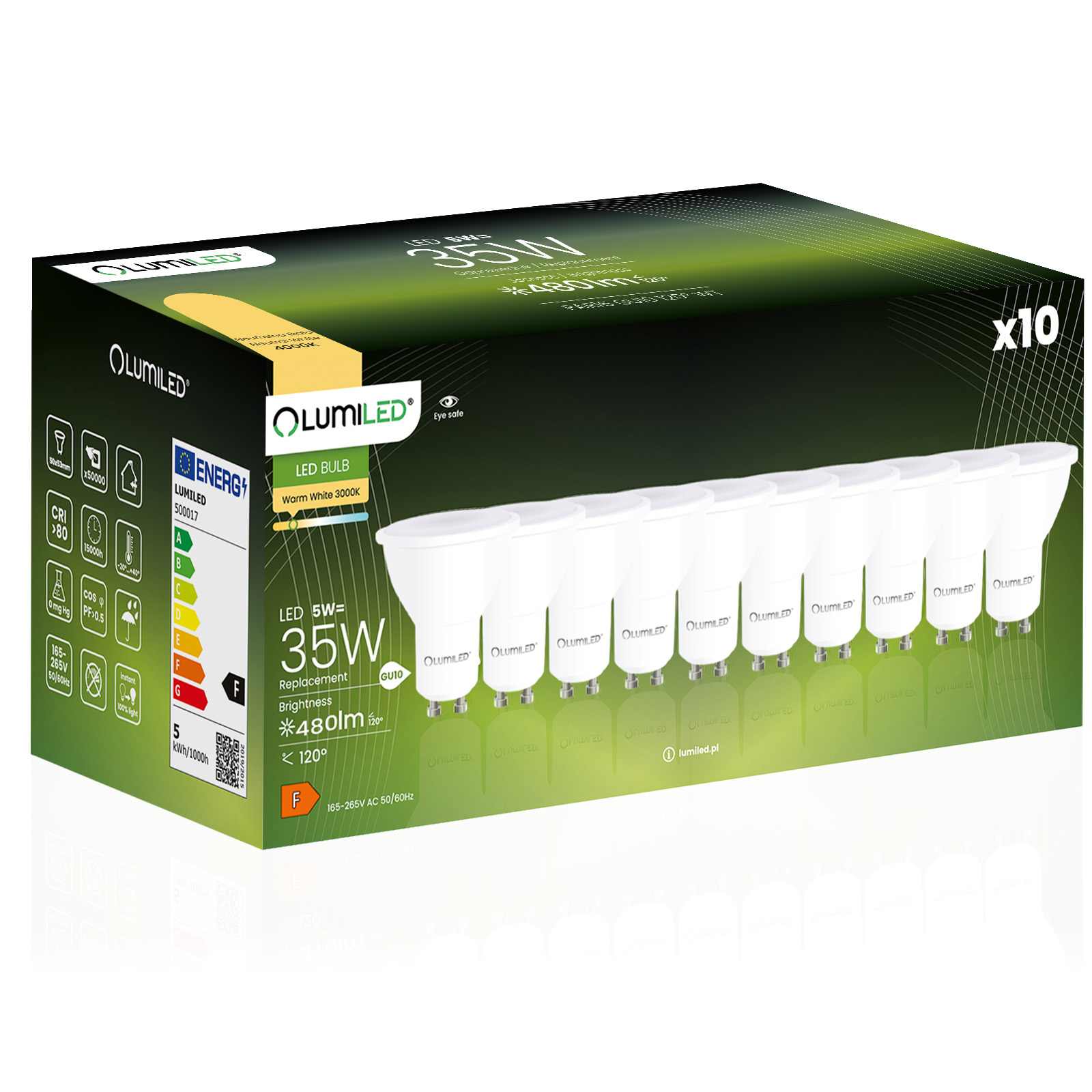10x Żarówka LED GU10 Reflektor PAR16 5W = 35W 480lm 3000K Ciepła 120° LUMILED - główne zdjęcie produktu