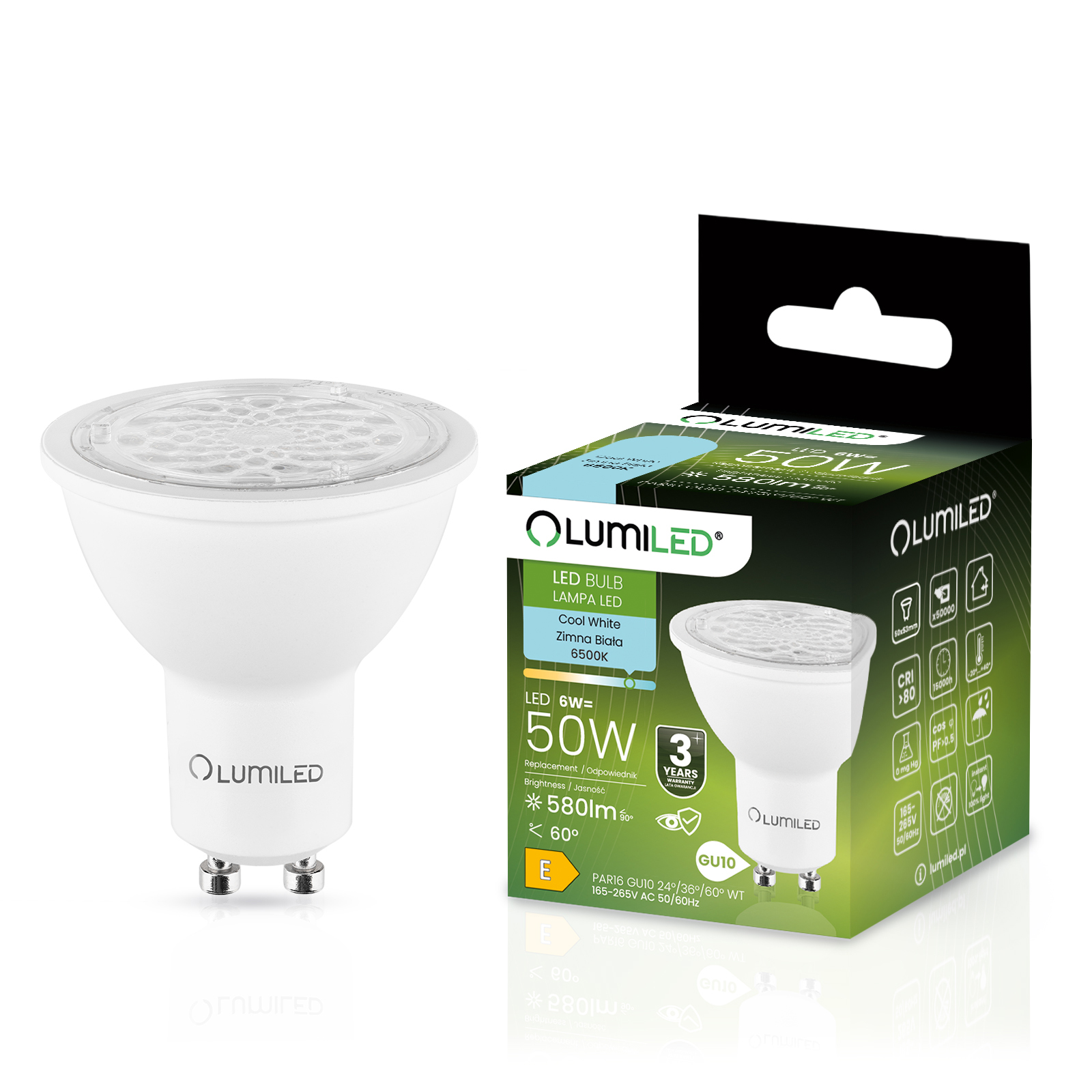 Żarówka LED GU10 Reflektor PAR16 6W = 50W 580lm 6500K Zimna 24° 36° 60° LUMILED - główne zdjęcie produktu