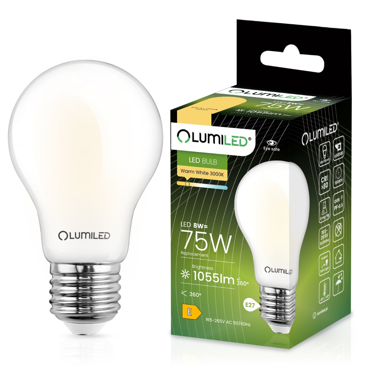 Żarówka LED E27 A60 8W = 75W 1055lm 3000K Ciepła 360° FILAMENT LUMILED - główne zdjęcie produktu