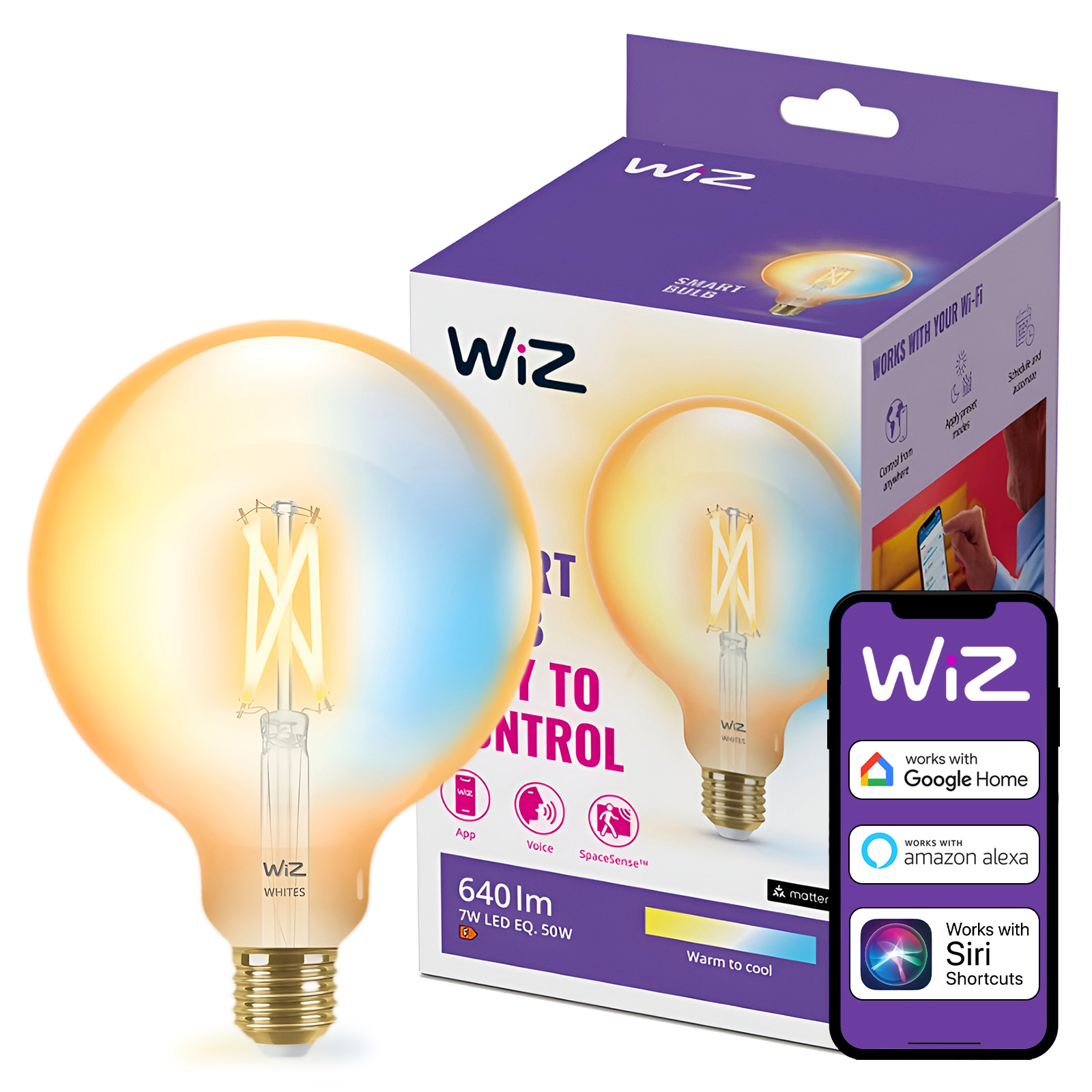 Żarówka LED E27 Kula G125 7W = 50W 640lm 2000-5000K TW FILAMENT Bursztynowa Inteligentna SMART WiFi Bluetooth Aplikacja WiZ - główne zdjęcie produktu