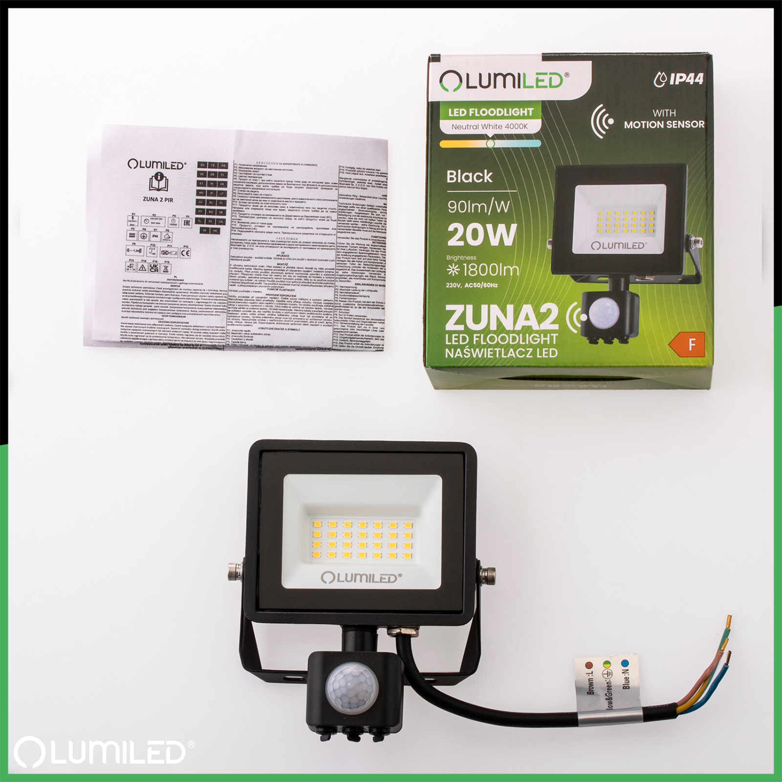 Naświetlacz LED ZUNA2 20W 1800lm 4000K IP44 Czarny Czujnik Ruchu LUMILED - skład produktu