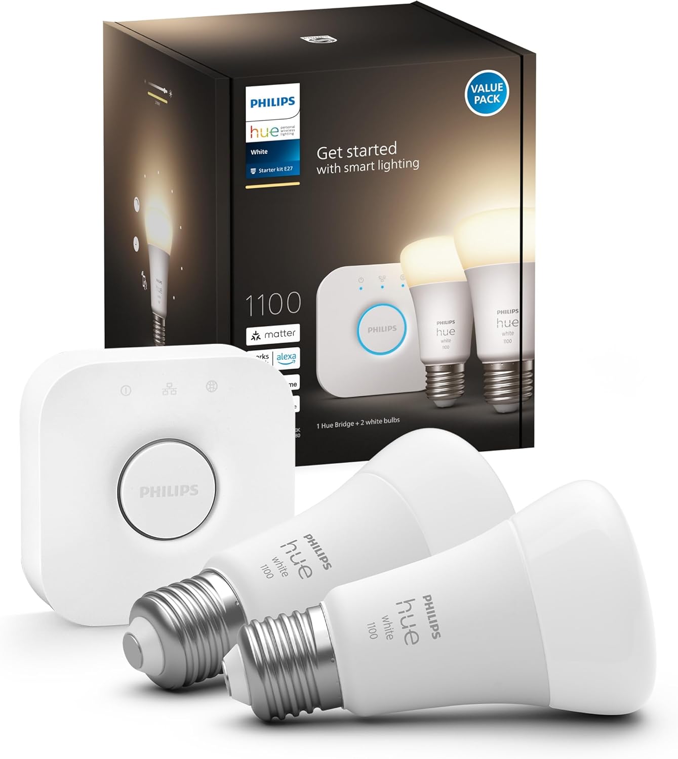 3x Żarówka LED E27 A60 9.5W = 75W 1055lm 2700K Biała Ciepła SMART Inteligentna Bluetooth ZigBee White + Mostek BRIDGE Zestaw Startowy Philips HUE - główne zdjęcie produktu