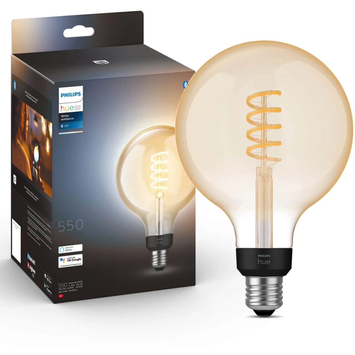 Żarówka LED E27 Kula G125 7W = 40W 550lm 2200-4500K CCT FILAMENT SMART Inteligentna Bluetooth ZigBee White Ambiance Philips HUE - główne zdjęcie produktu