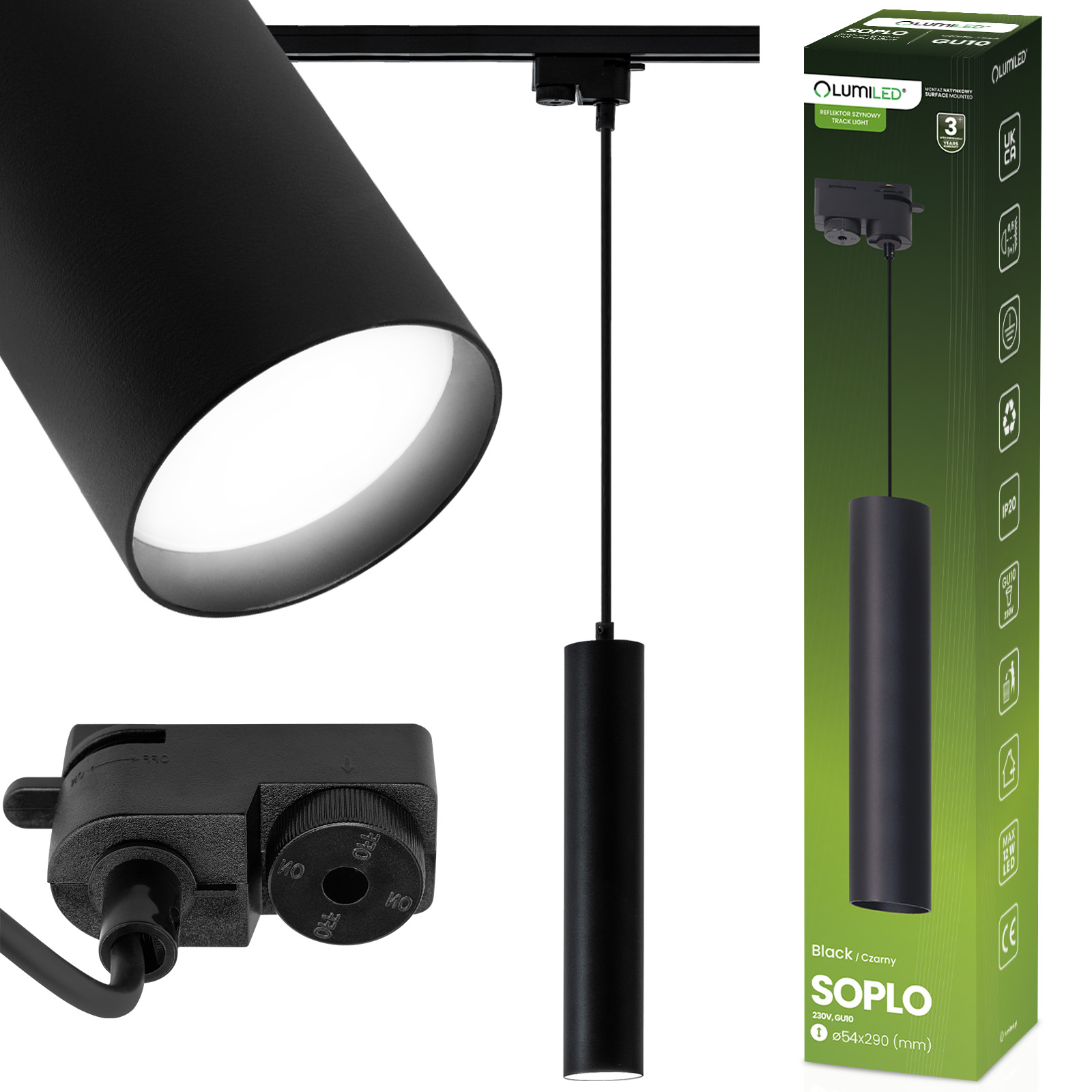 Lampa Wisząca Szynoprzewód Zwis Szyna 29cm Reflektor GU10 LED SOPLO Czarny LUMILED - główne zdjęcie produktu