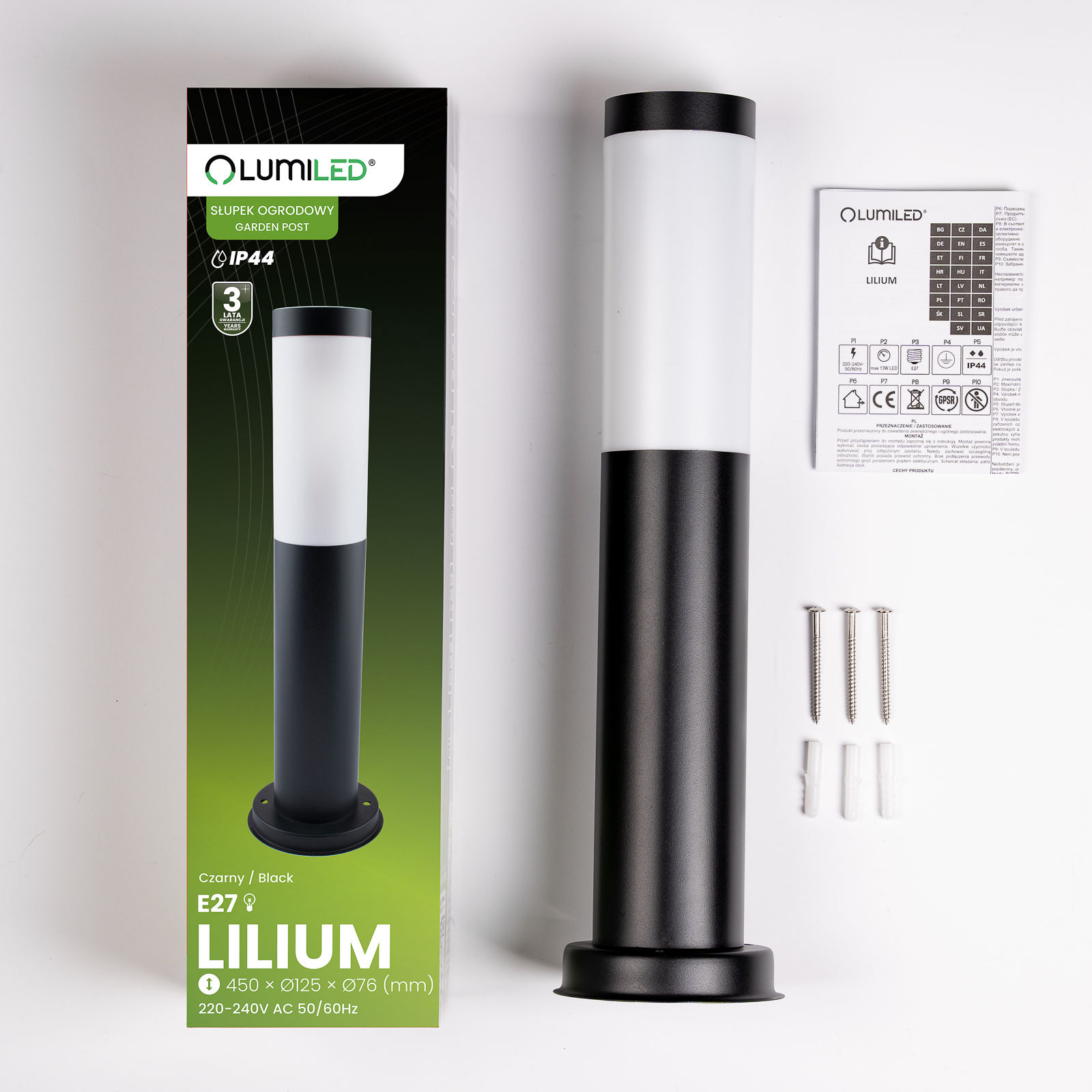 Lampa Ogrodowa Zewnętrzna E27 CZARNY SŁUPEK 45cm Lilium LUMILED - skład produktu