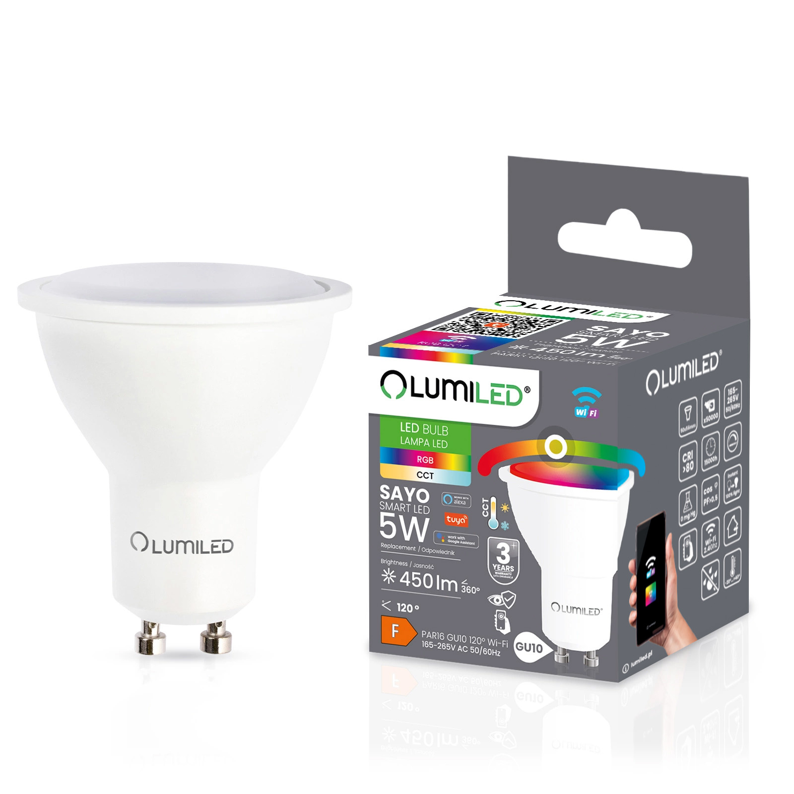 Żarówka LED GU10 5W 450lm RGB CCT Ściemnialna Inteligentna TUYA WiFi SMART SAYO LUMILED - główne zdjęcie produktu