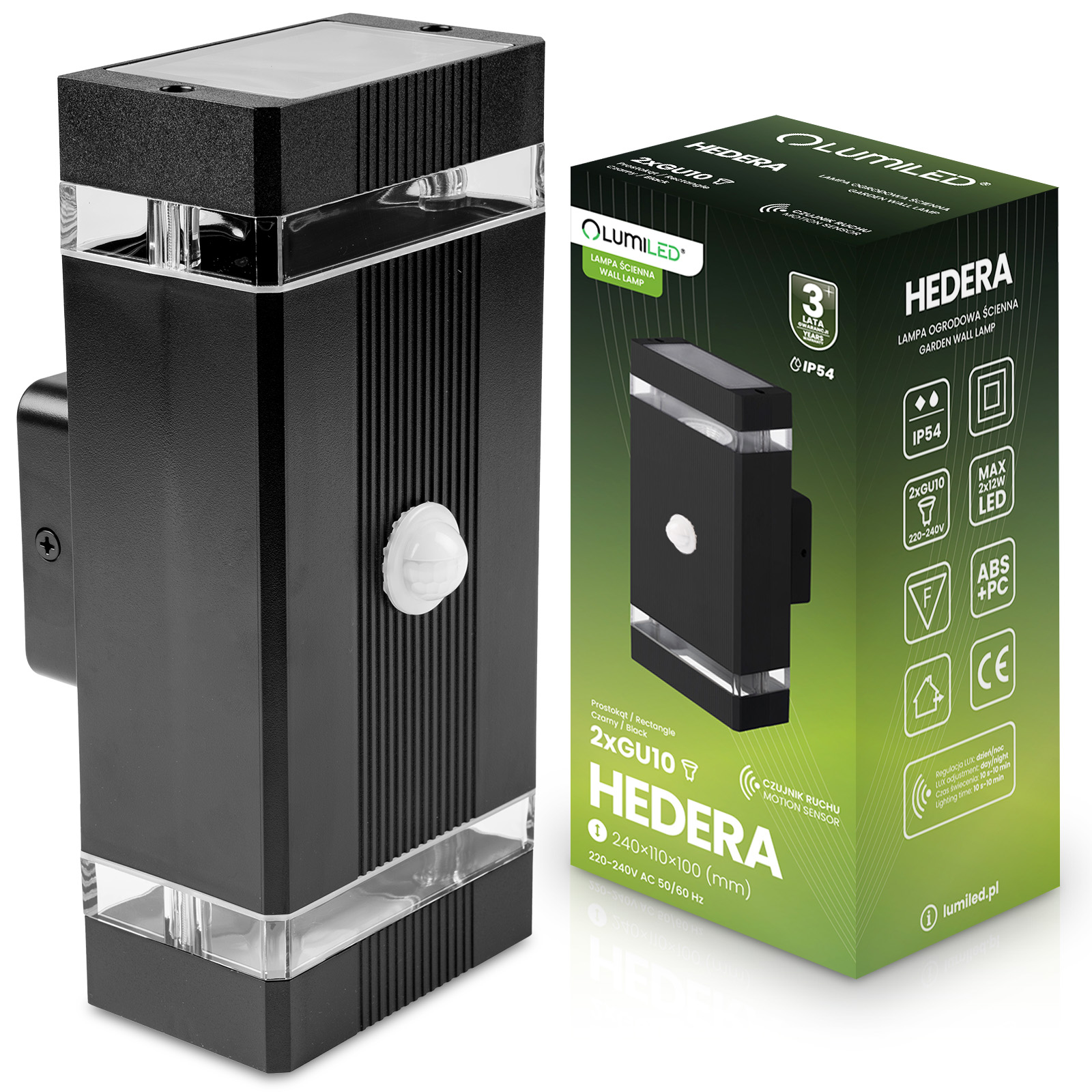 Lampa Ogrodowa Kinkiet Elewacyjny góra dół 2x GU10 Czarny Czujnik Ruchu i Zmierzchu IP54 HEDERA LUMILED - główne zdjęcie produktu
