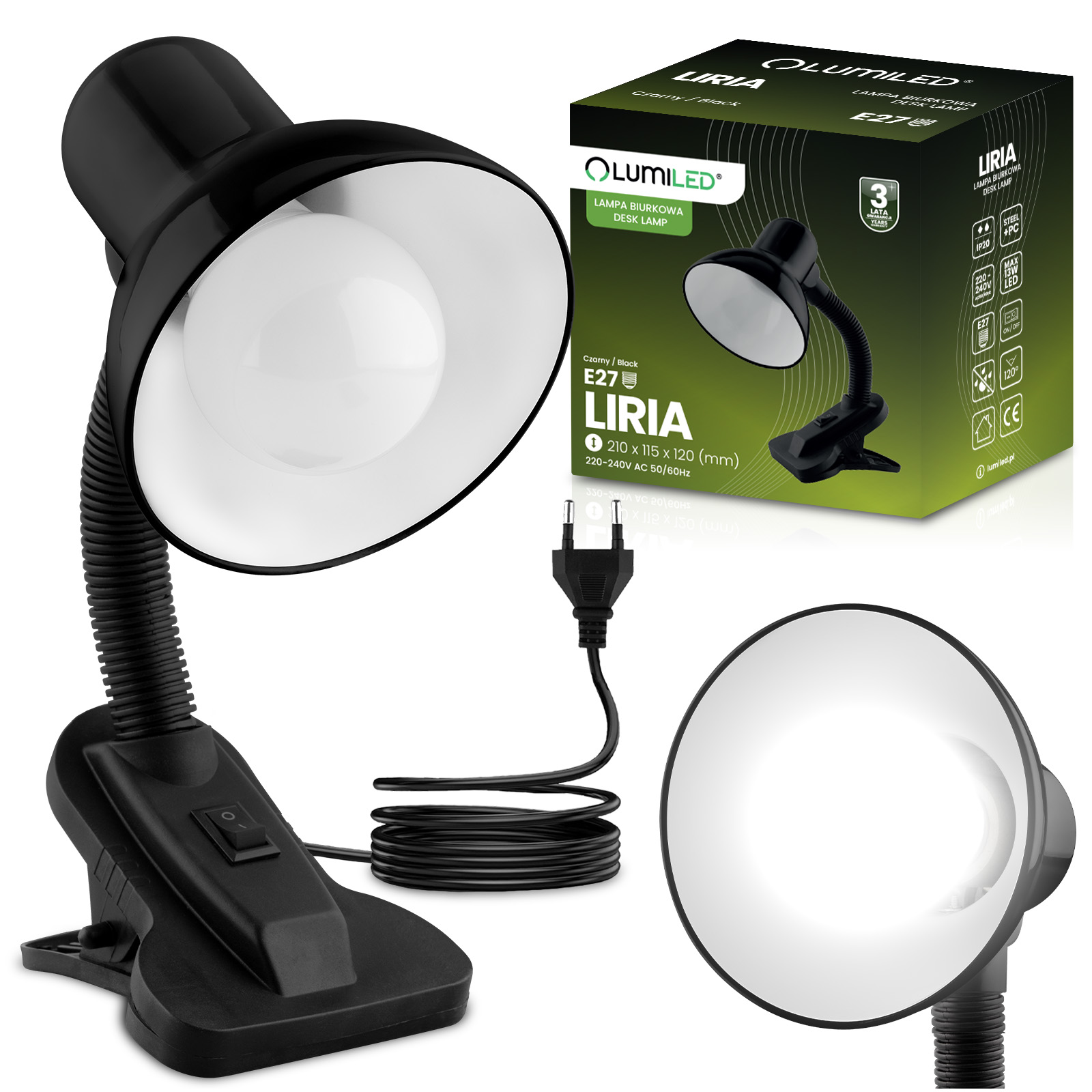 Lampka Biurkowa Stołowa Regulowana LIRIA Szkolna Nocna E27 Klips Czarna LUMILED - główne zdjęcie produktu