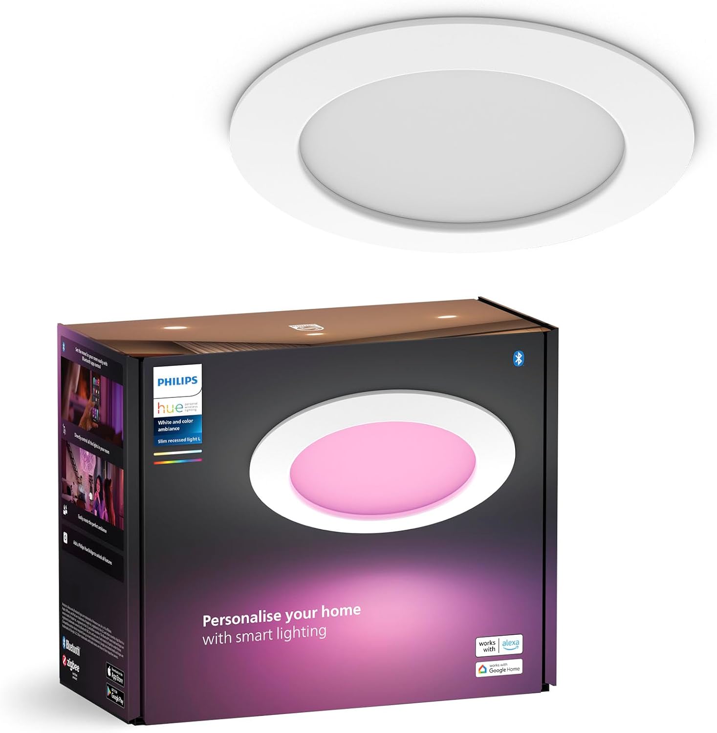 Panel LED Oprawa Podtynkowa Wpuszczana 12W 1500lm IP44 White and Color Ambiance RGB + TW Biała Inteligentna SMART Zigbee Bluetooth Slim Downlights Philips HUE - główne zdjęcie produktu