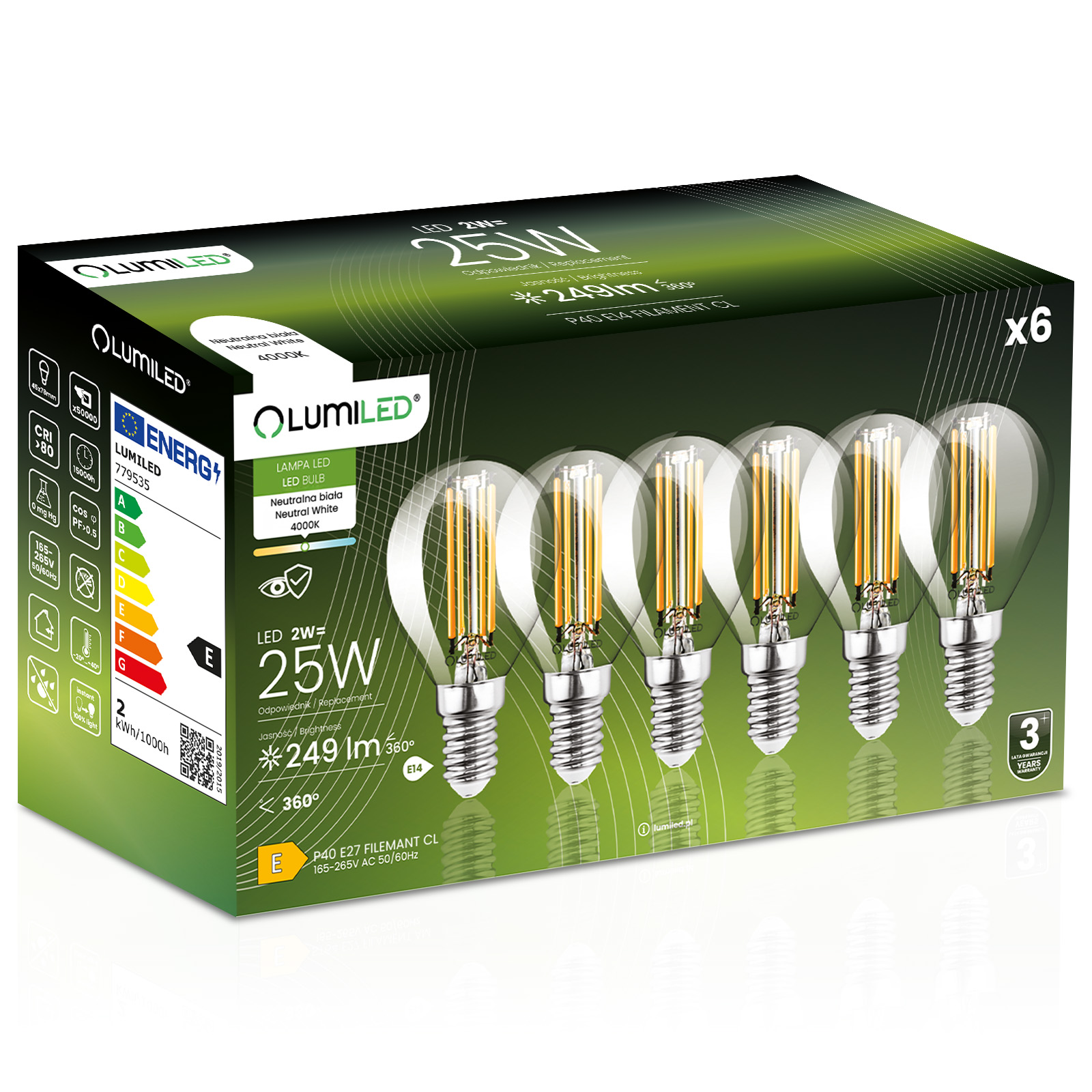 6x Żarówka LED E14 Kulka P45 2W = 25W 249lm 4000K Neutralna 360° FILAMENT LUMILED - główne zdjęcie produktu