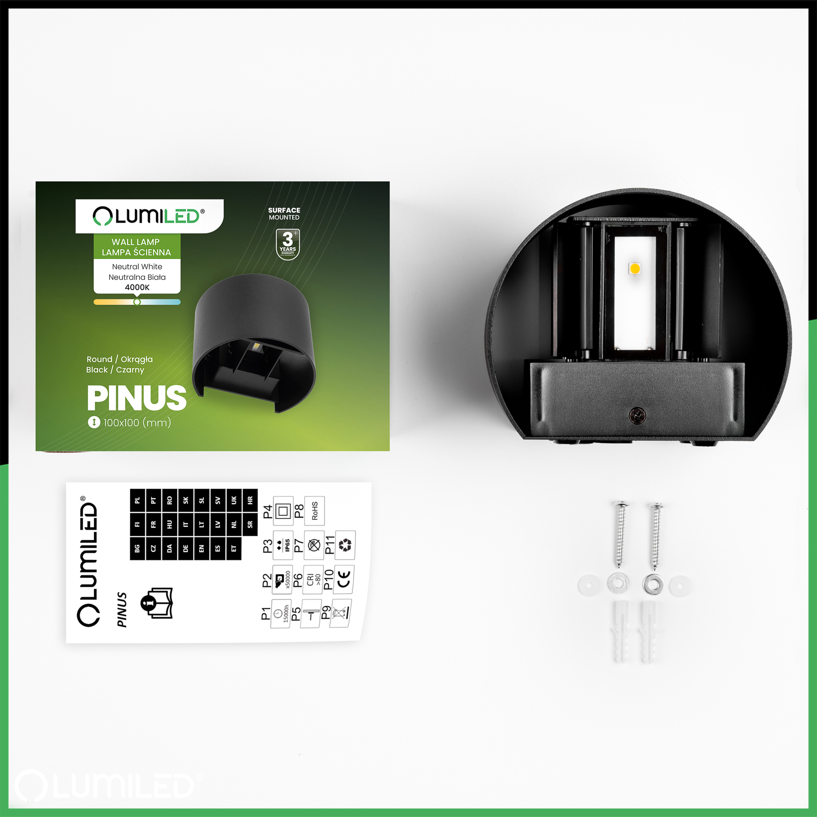 Kinkiet Ogrodowy Elewacyjny LED 2x3W 4000K Regulowany góra dół Czarny PINUS LUMILED - skład produktu