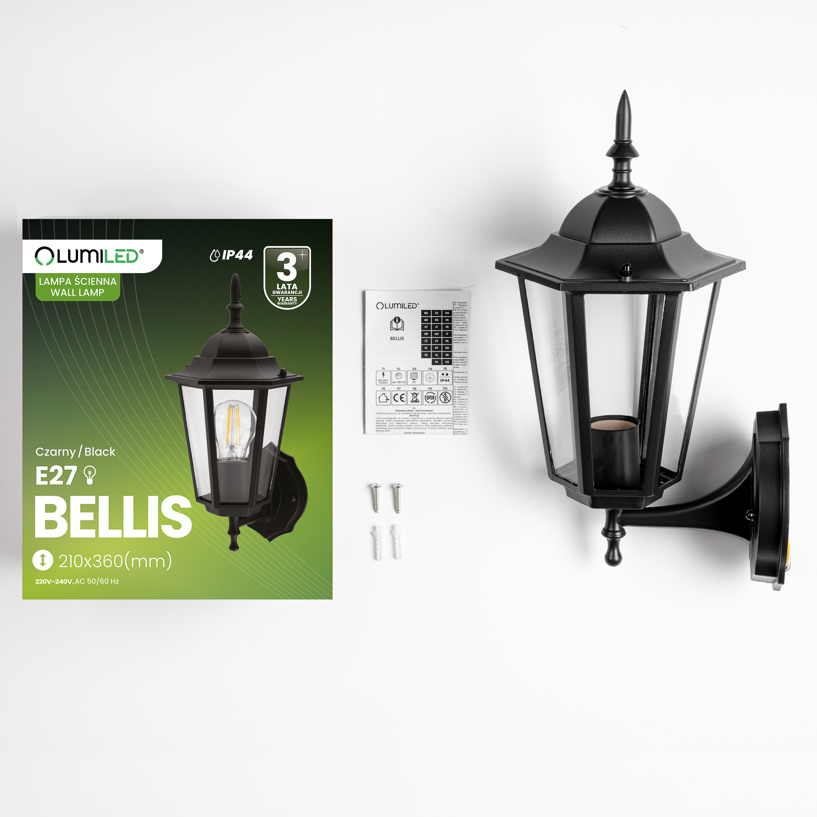 Kinkiet Ogrodowy Elewacyjny Zewnętrzny E27 LATARNIA do GÓRY Czarna BELLIS LUMILED - skład produktu