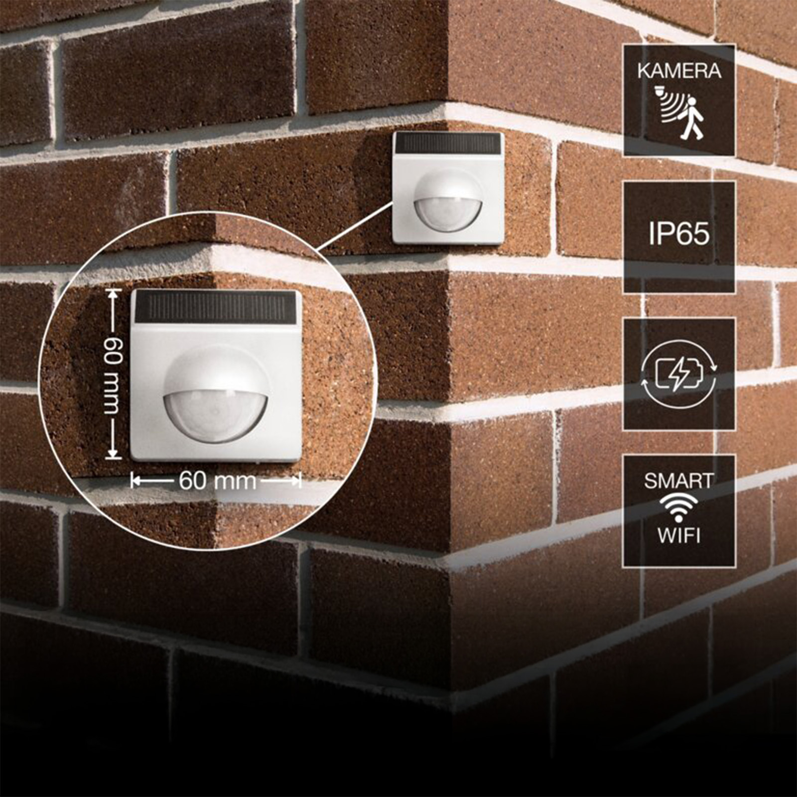 Czujnik Ruchu Zewnętrzny Solarny Bezprzewodowy 120° IP65 USB-C Biały SMART WiFi 2.4GHz Osram - pierwsza cecha produktu