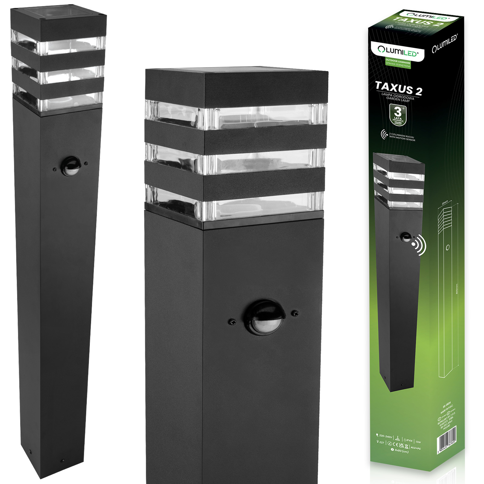 Lampa Ogrodowa Słupek Zewnętrzny Stojący E27 LED Czujnik Ruchu TAXUS 2 80cm LUMILED - główne zdjęcie produktu
