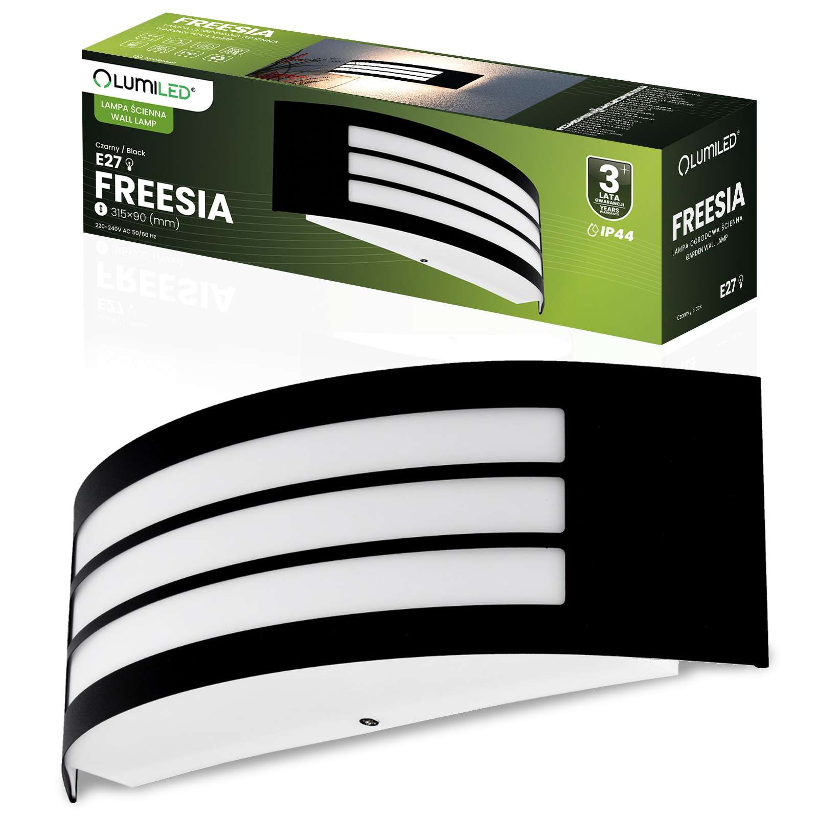 Kinkiet Ogrodowy Elewacyjny Lampa Zewnętrzna E27 CZARNA IP44 FREESIA LUMILED - główne zdjęcie produktu