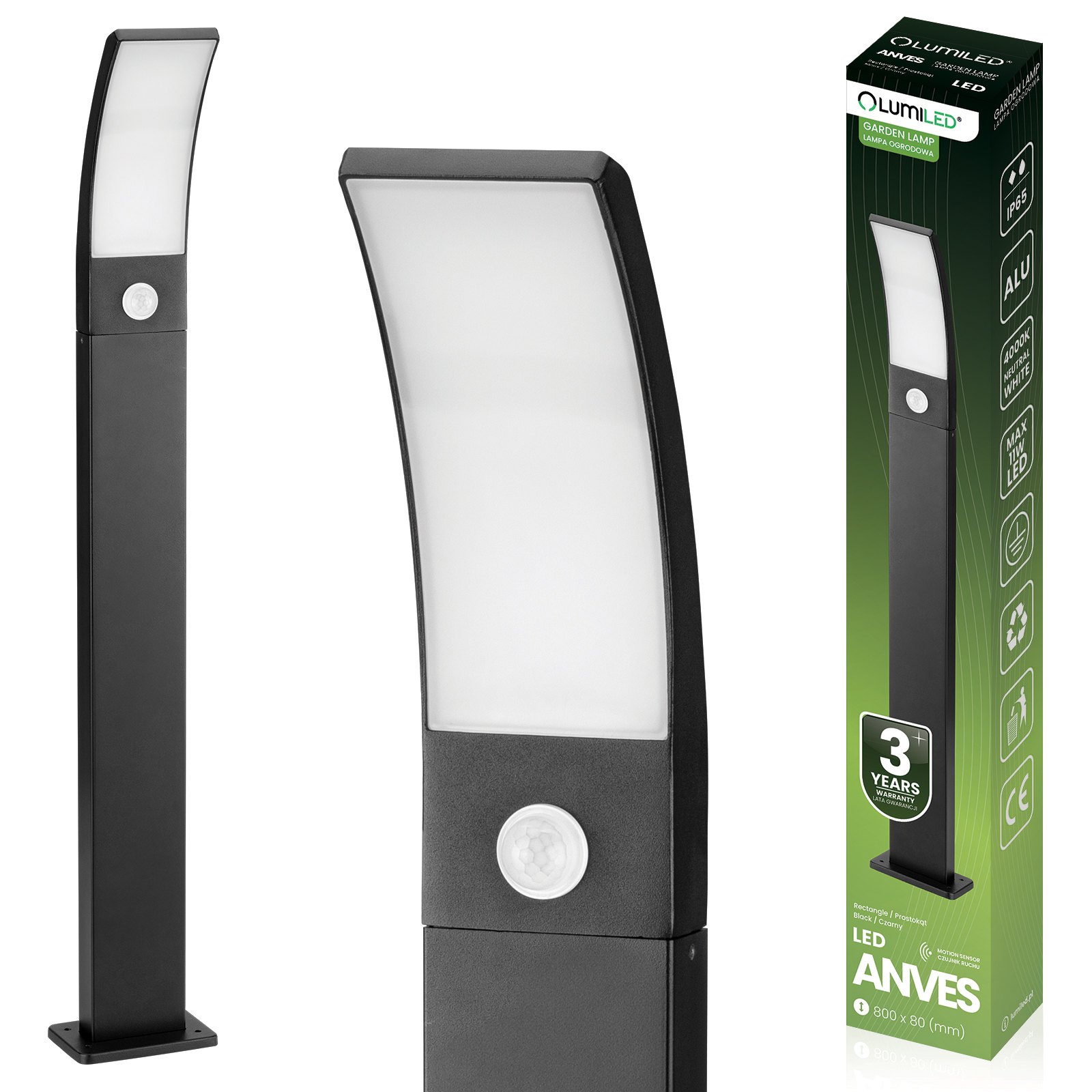 Lampa Ogrodowa Słupek Zewnętrzny Stojący 11W LED 4000K Czujnik Ruchu ANVES 80cm LUMILED - główne zdjęcie produktu