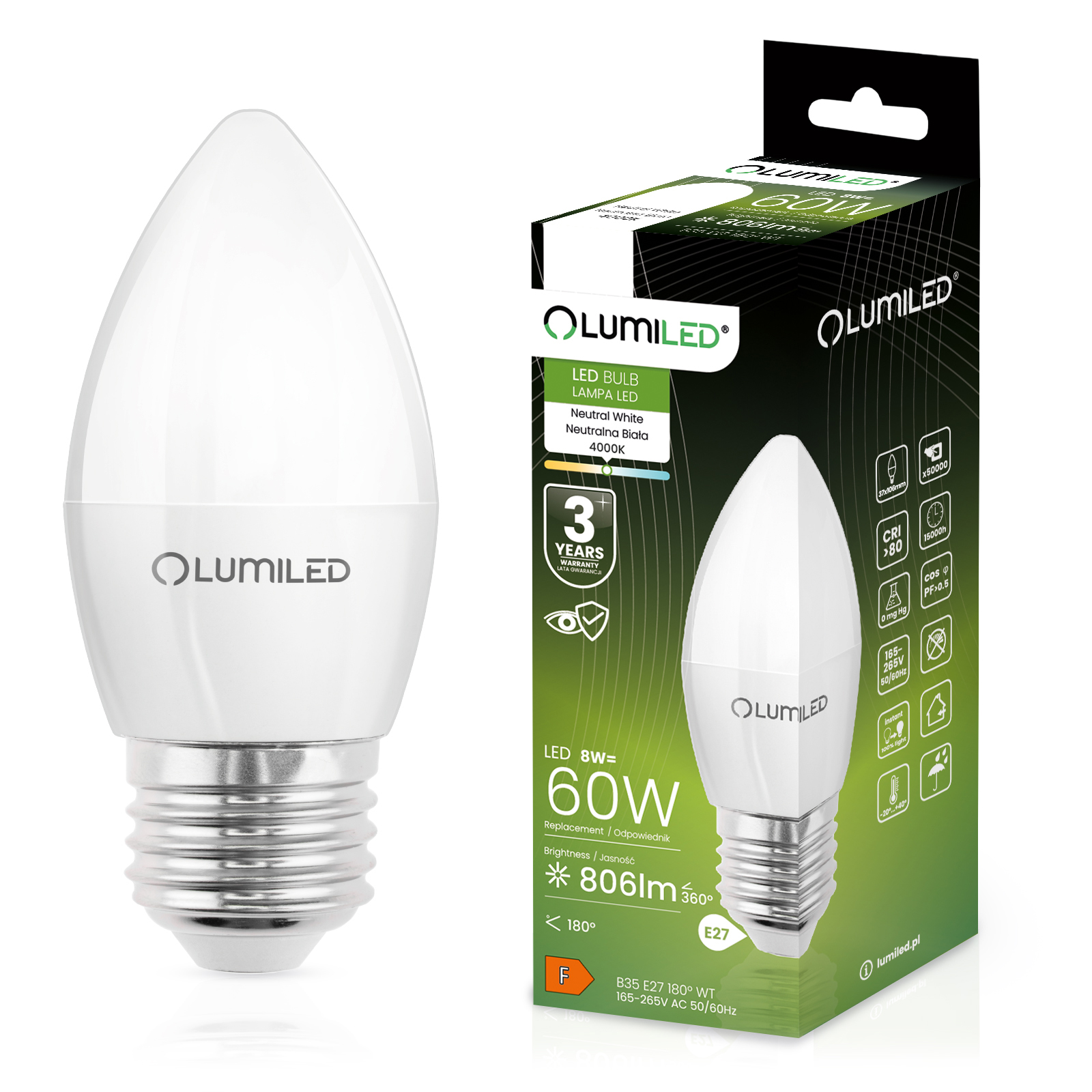 Żarówka LED E27 Świeczka B35 8W = 60W 806lm 4000K Neutralna 180° LUMILED - główne zdjęcie produktu