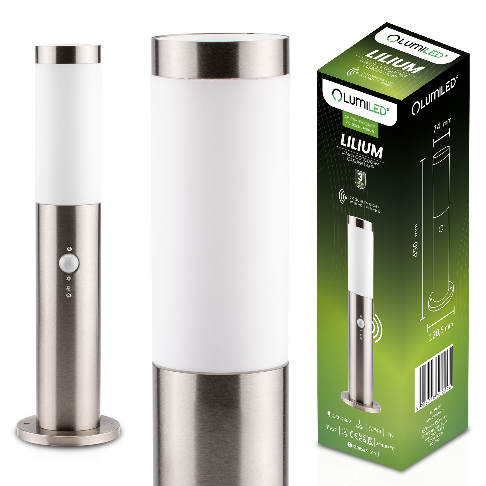 Lampa Ogrodowa Zewnętrzna E27 INOX SŁUPEK 45cm z Czujnikiem Ruchu Lilium LUMILED - główne zdjęcie produktu