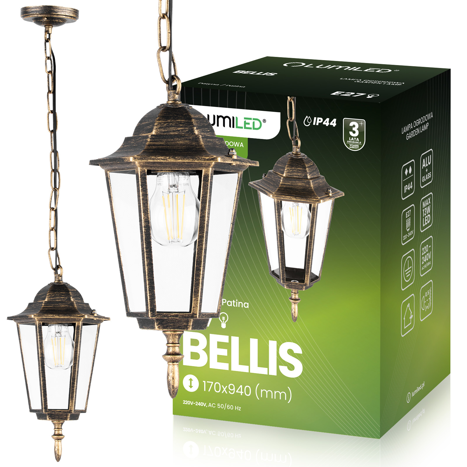 Lampa Ogrodowa Wisząca Zewnętrzna E27 LATARNIA Patyna BELLIS LUMILED - główne zdjęcie produktu