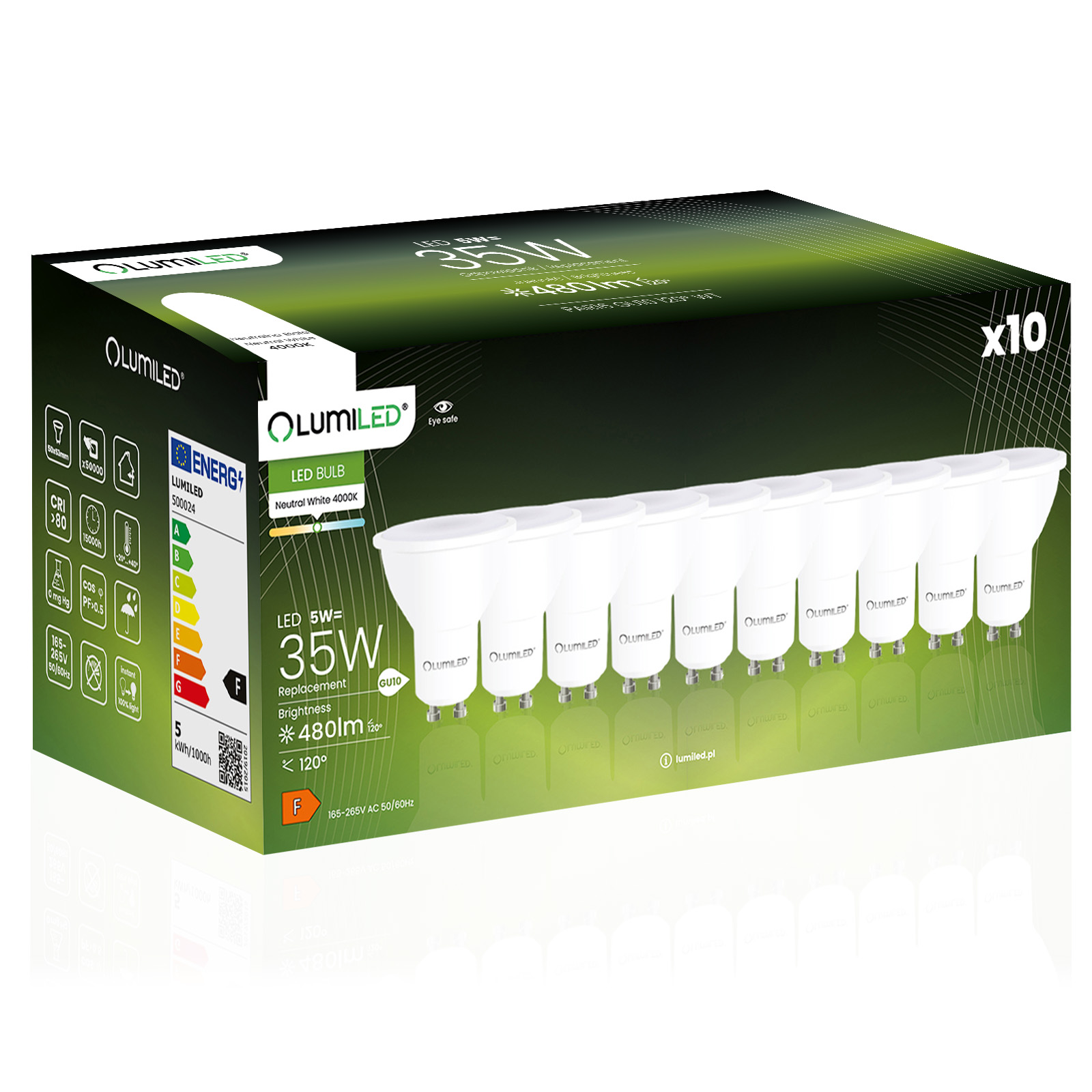 10x Żarówka LED GU10 Reflektor PAR16 5W = 35W 480lm 4000K Neutralna 120° LUMILED - główne zdjęcie produktu