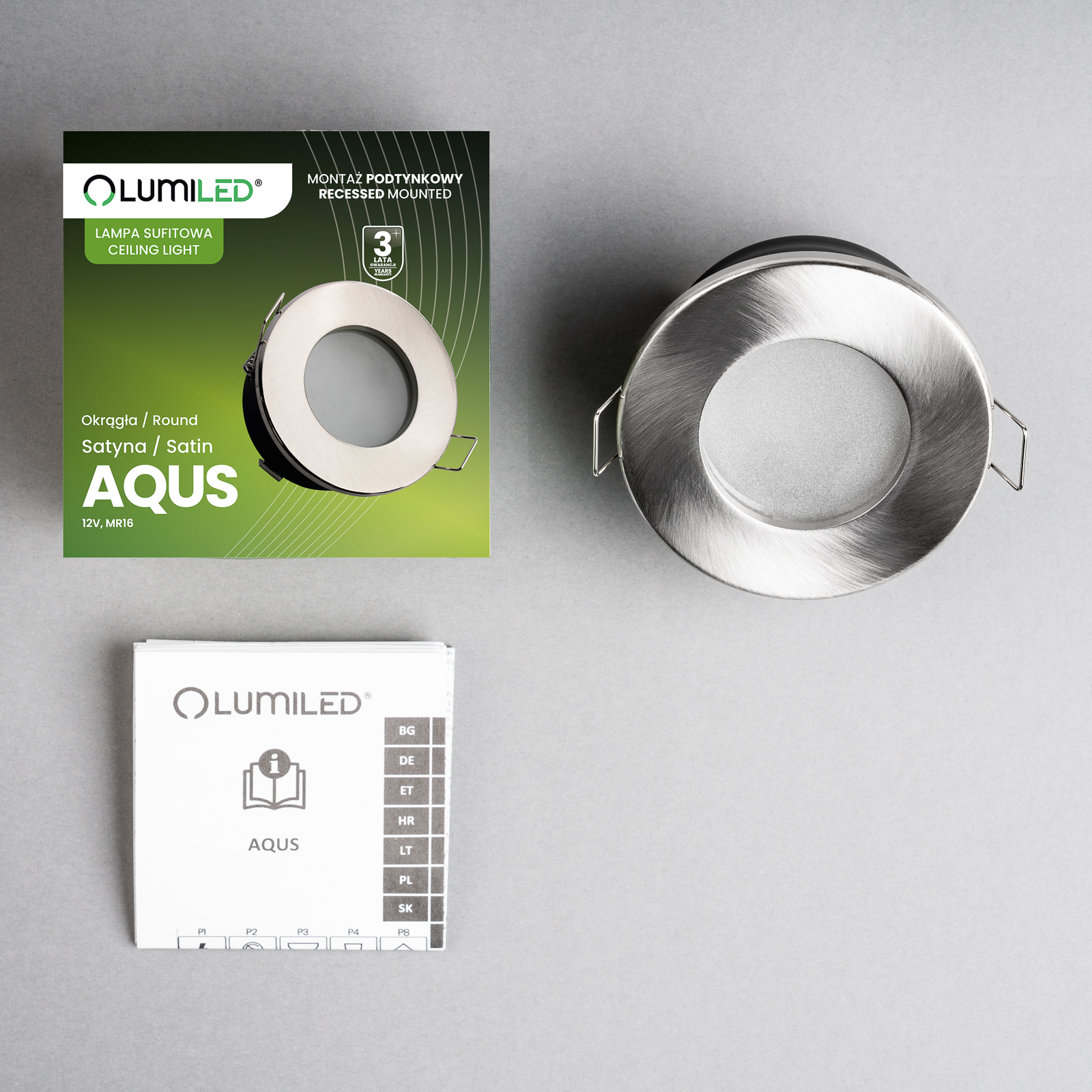 Oprawa Halogenowa Podtynkowa Wpuszczana LED MR16 Okrągła Satynowa AQUS Lumiled - skład produktu