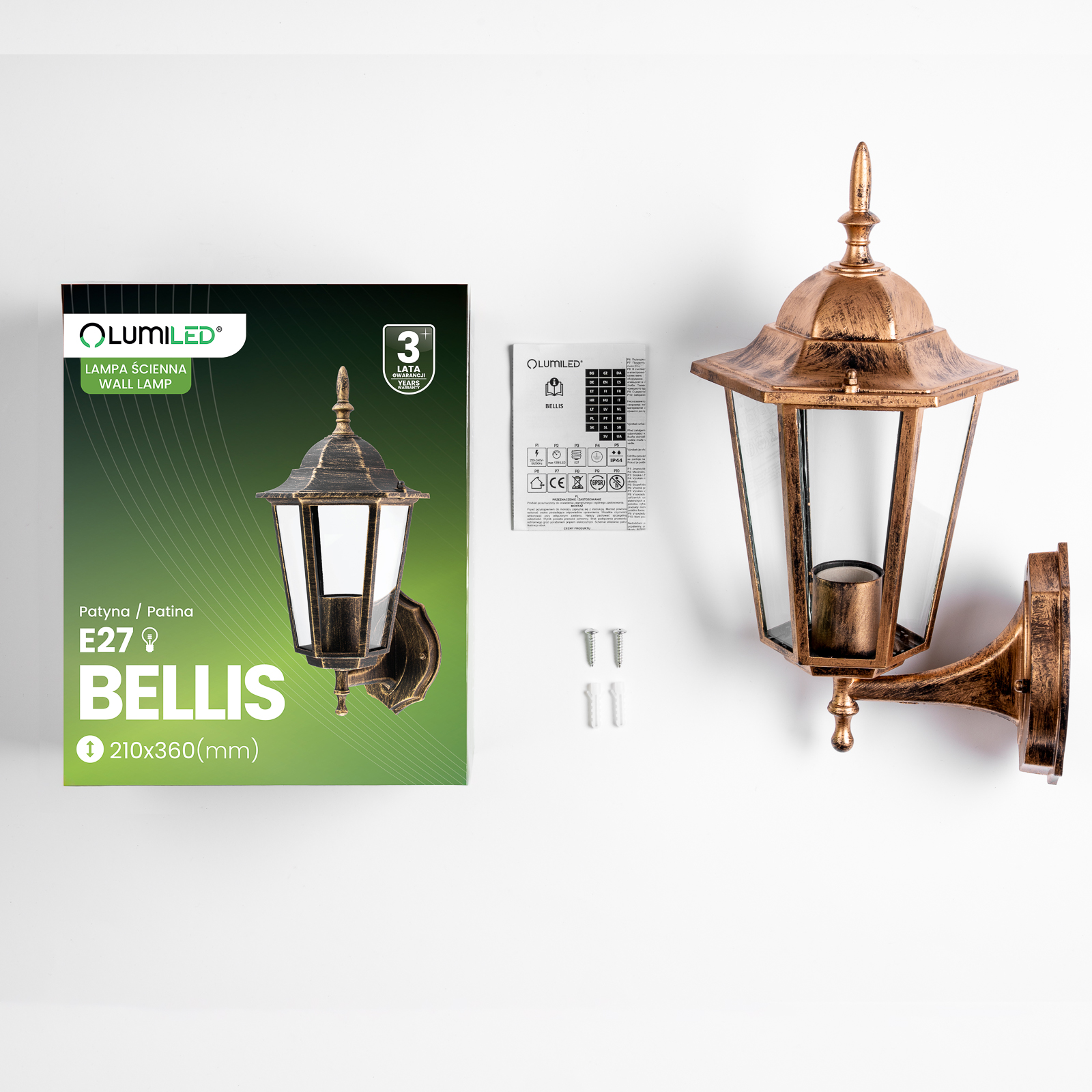 Kinkiet Ogrodowy Elewacyjny Zewnętrzny E27 LATARNIA do GÓRY Patyna BELLIS LUMILED - skład produktu