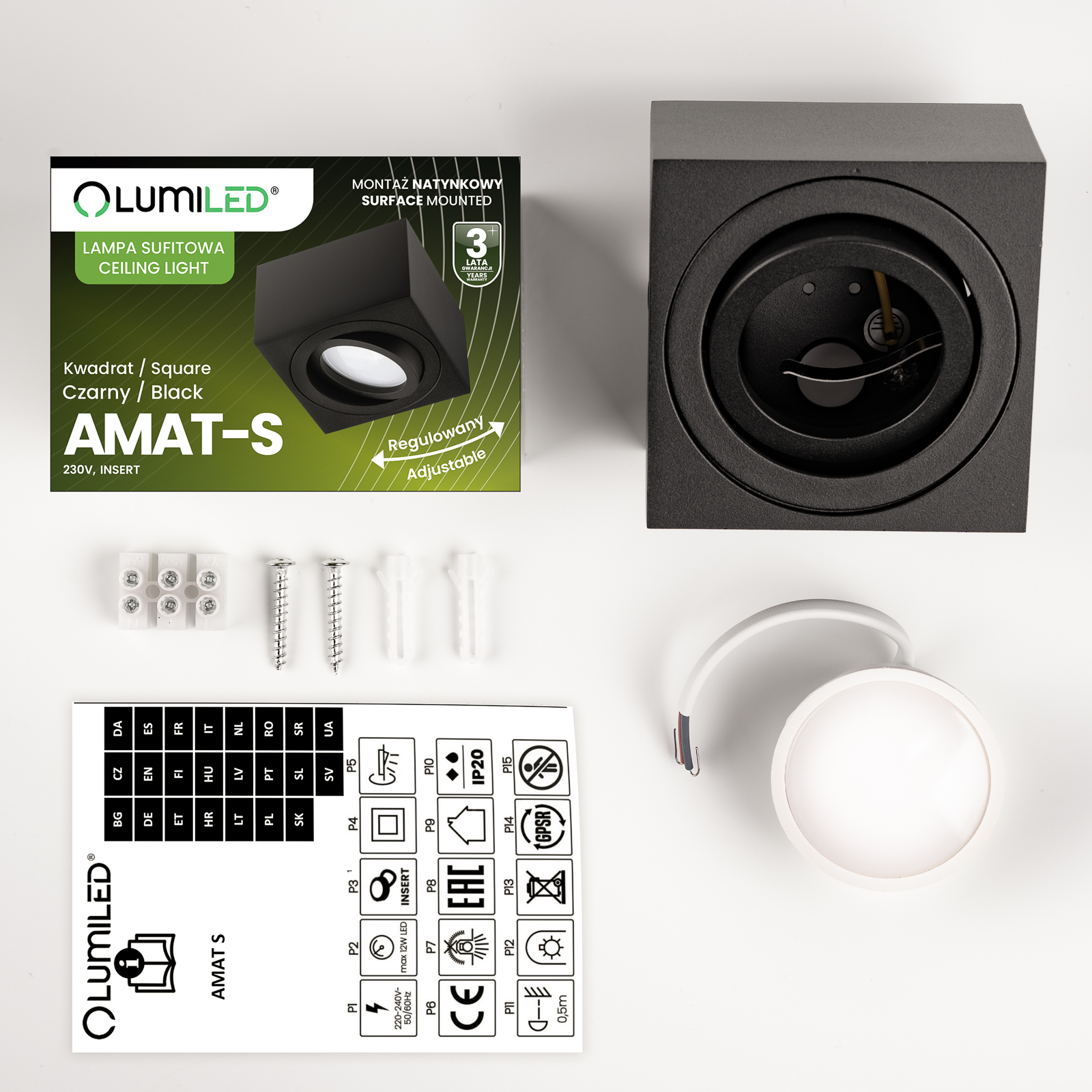 Oprawa Natynkowa HALOGENOWA Tuba Spot Ruchoma Kwadratowa Czarna 50mm + Wkład LED 7W 3000K  AMAT-S LUMILED - skład produktu