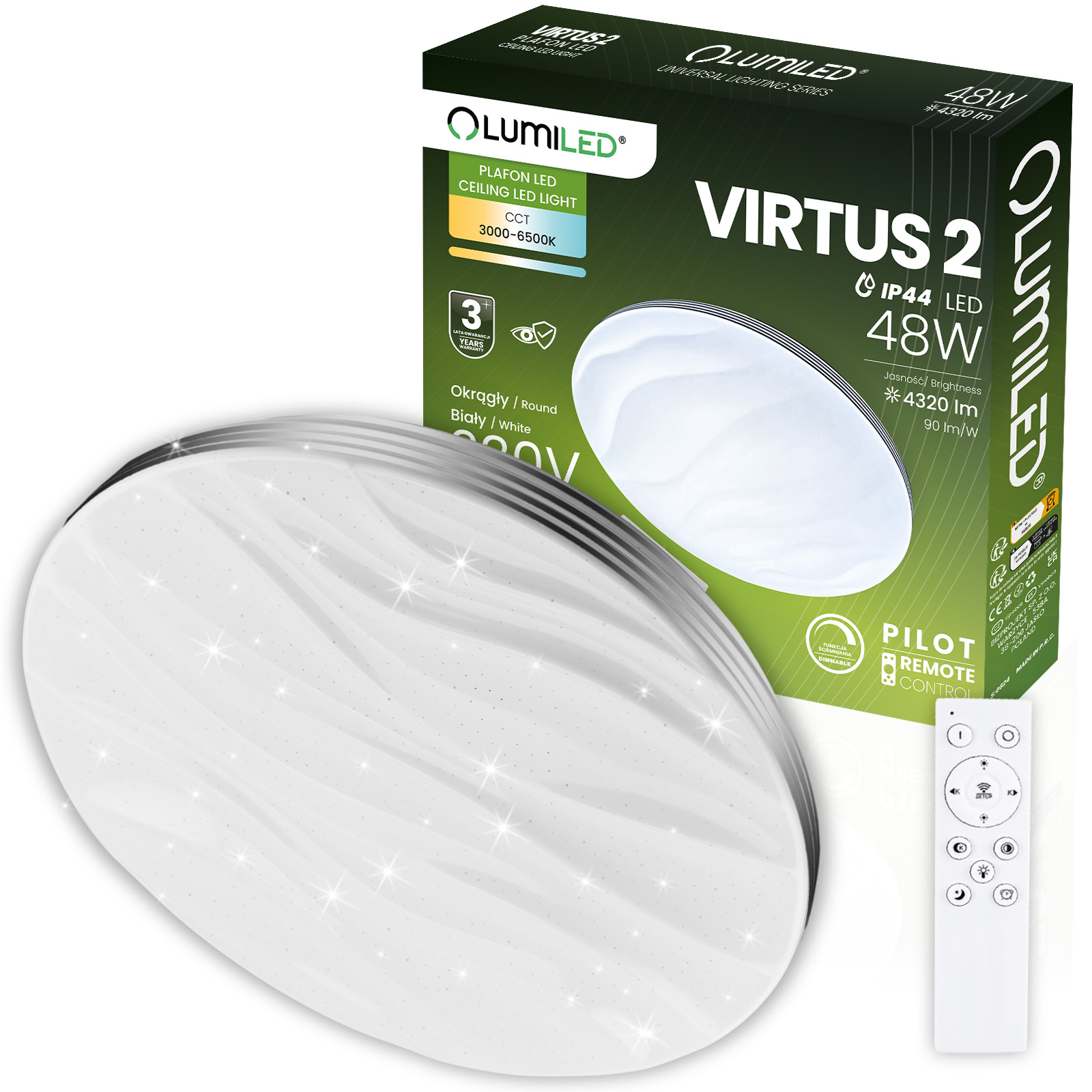 Plafon LED Lampa Sufitowa Natynkowa VIRTUS2 48W IP44 CCT Biały Okrągły 38cm + PILOT LUMILED - główne zdjęcie produktu