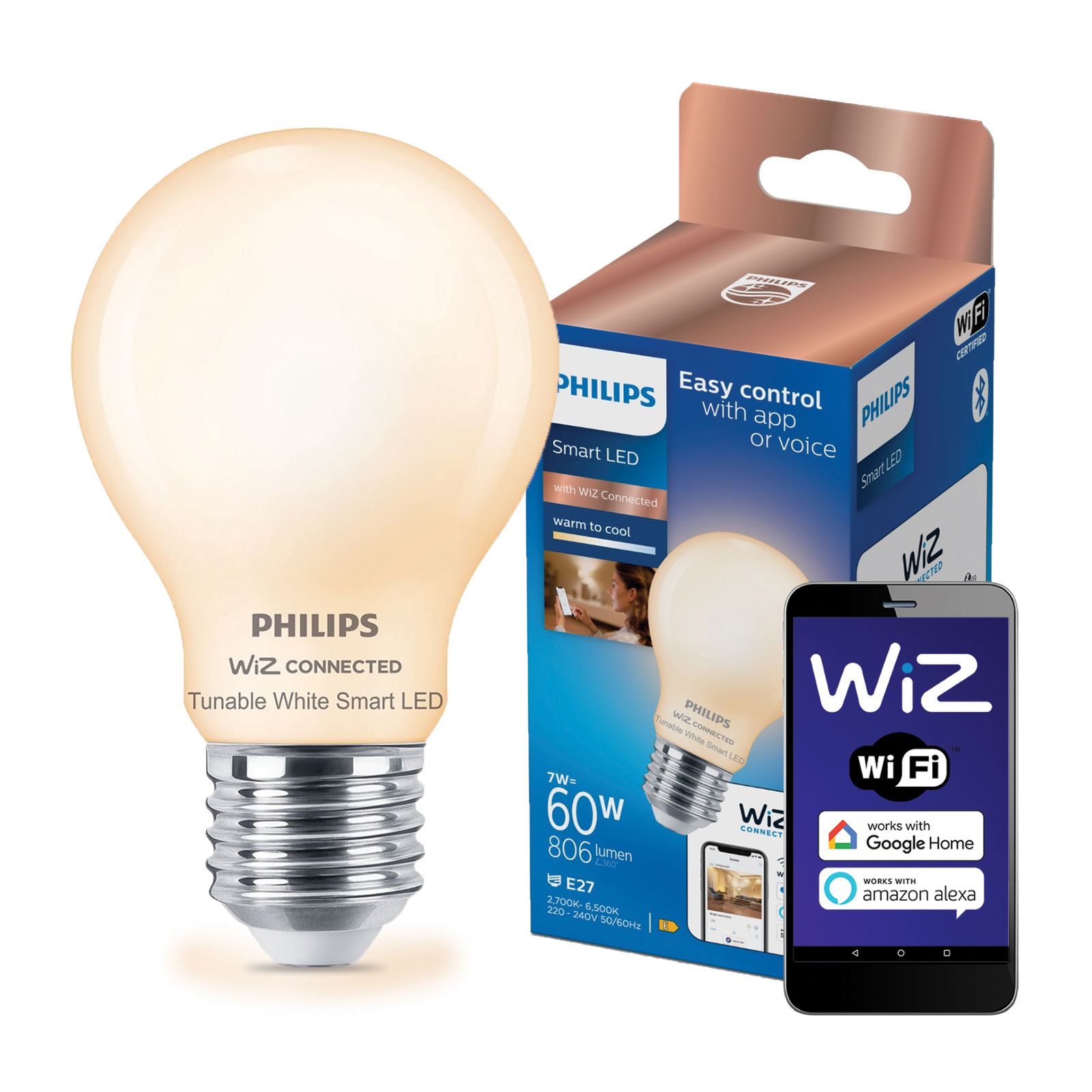 Żarówka LED E27 A60 7W = 60W 806lm 2700-6500K TW FILAMENT Inteligentna SMART WiFi Bluetooth Aplikacja WiZ Philips - główne zdjęcie produktu