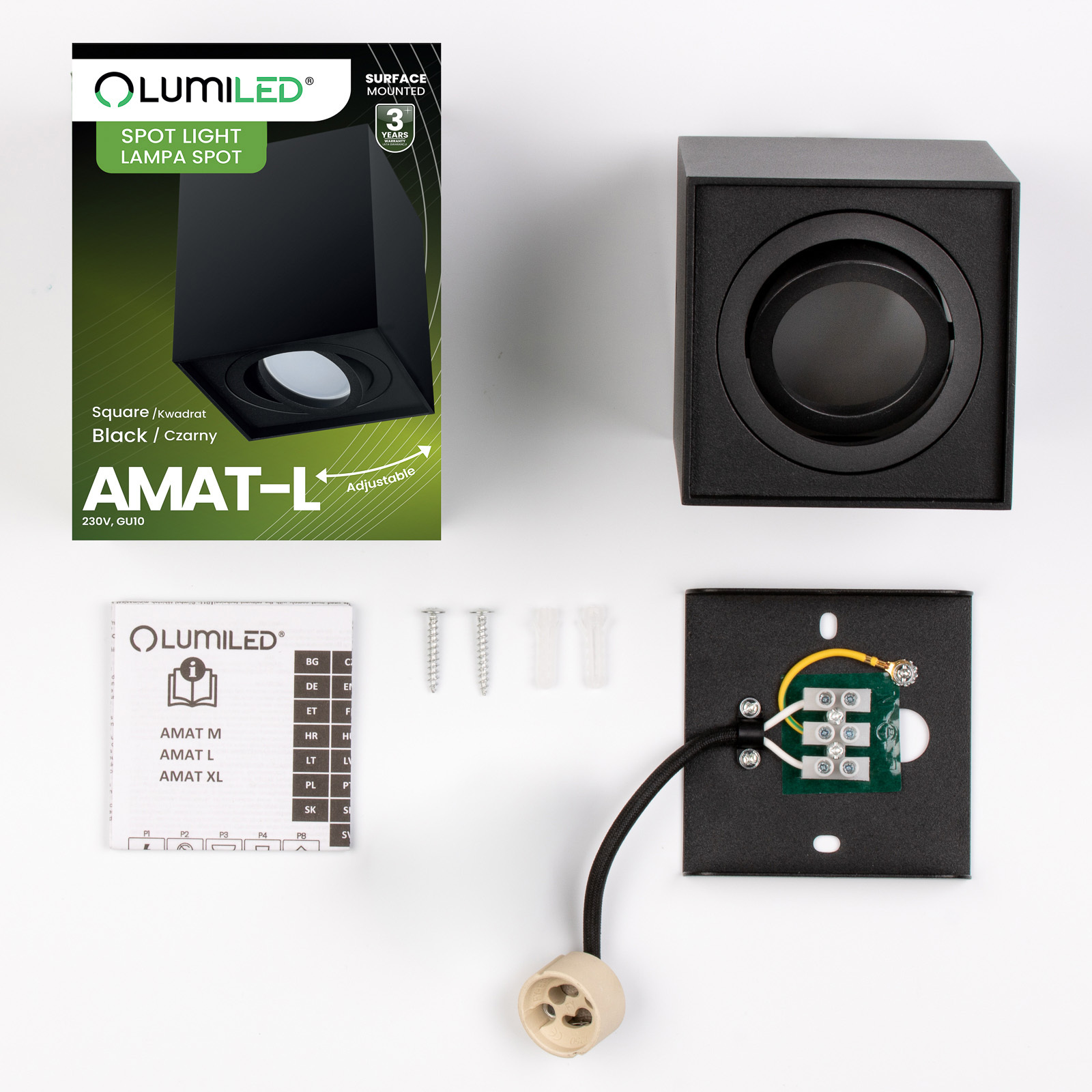 Oprawa Natynkowa HALOGENOWA Spot Tuba Ruchoma GU10 Kwadratowa Czarna 115mm AMAT-L LUMILED - skład produktu