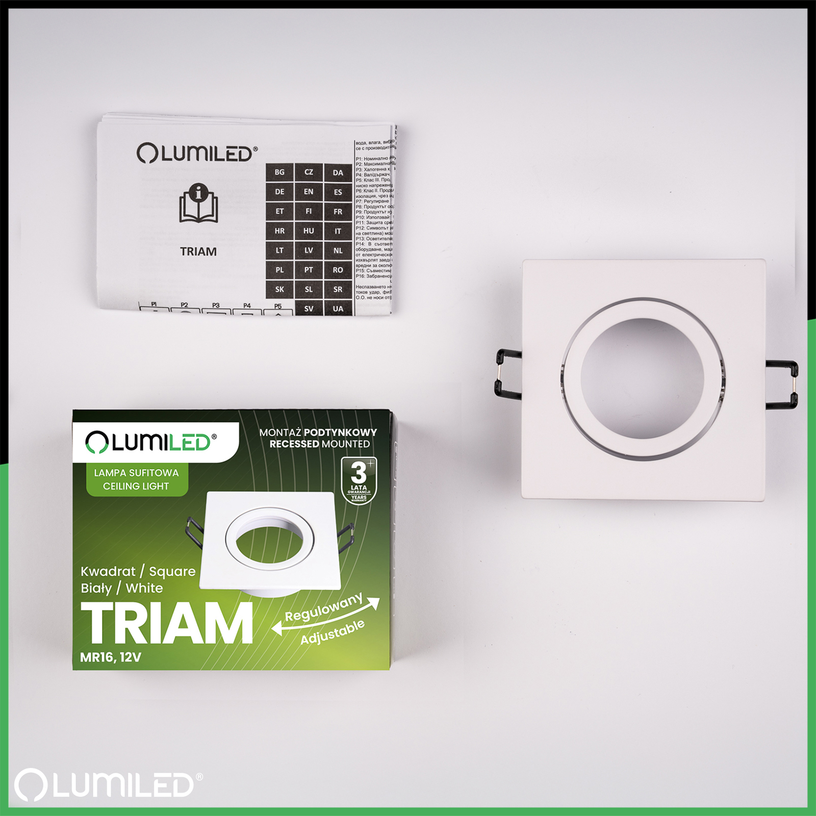 Oprawa Halogenowa Podtynkowa Lampa Sufitowa Kwadrat Ruchoma GU10 MR16 Biała TRIAM LUMILED - skład produktu
