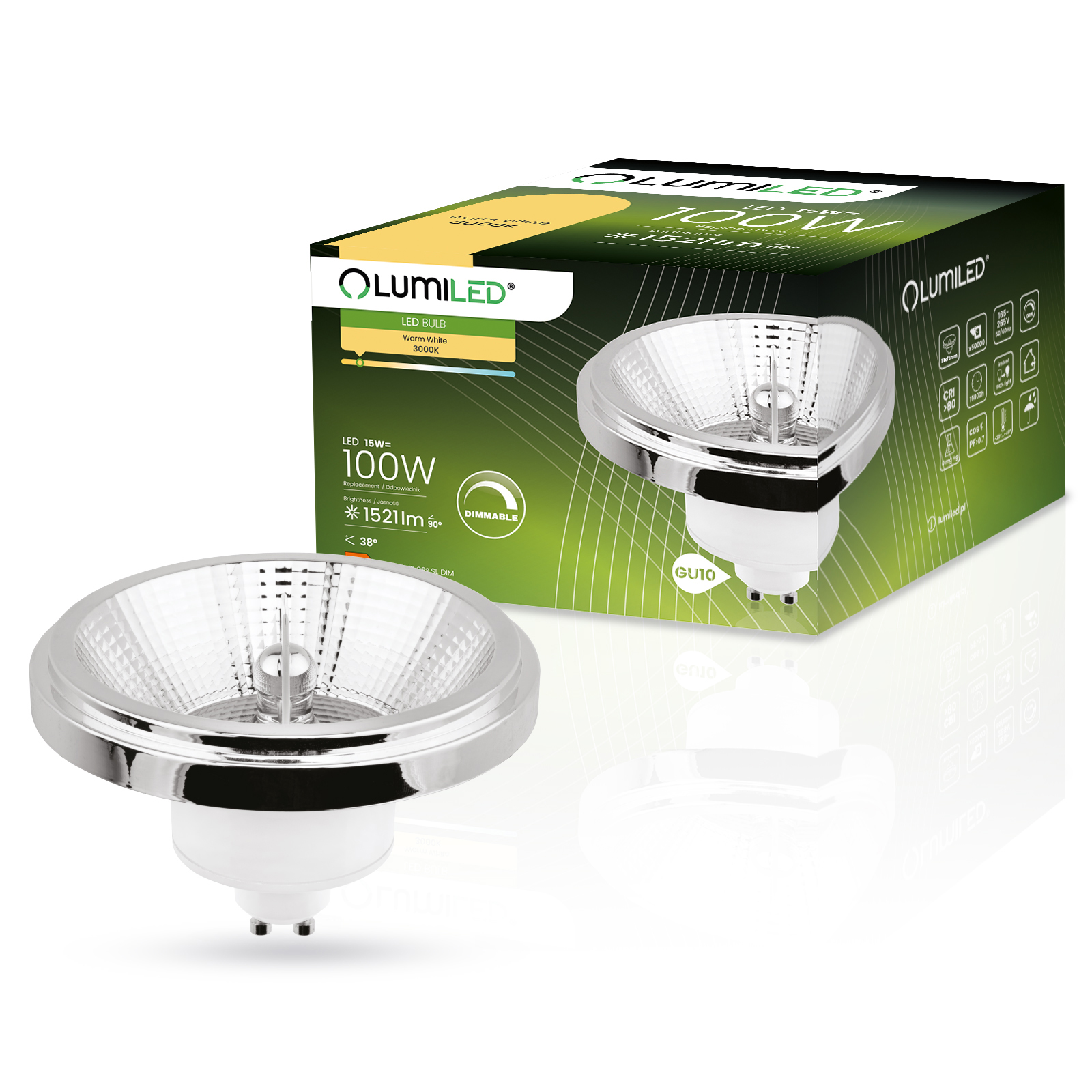 Żarówka LED GU10 Reflektor ES111 15W = 100W 1521lm 3000K Ciepła 24° Ściemnialna Srebrna LUMILED - główne zdjęcie produktu