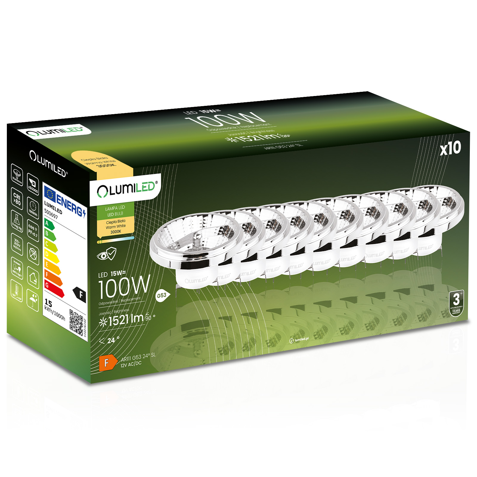 10x Żarówka LED G53 Reflektor AR111 15W = 100W 1521lm 3000K Ciepła 24° 12V Srebrna LUMILED - główne zdjęcie produktu